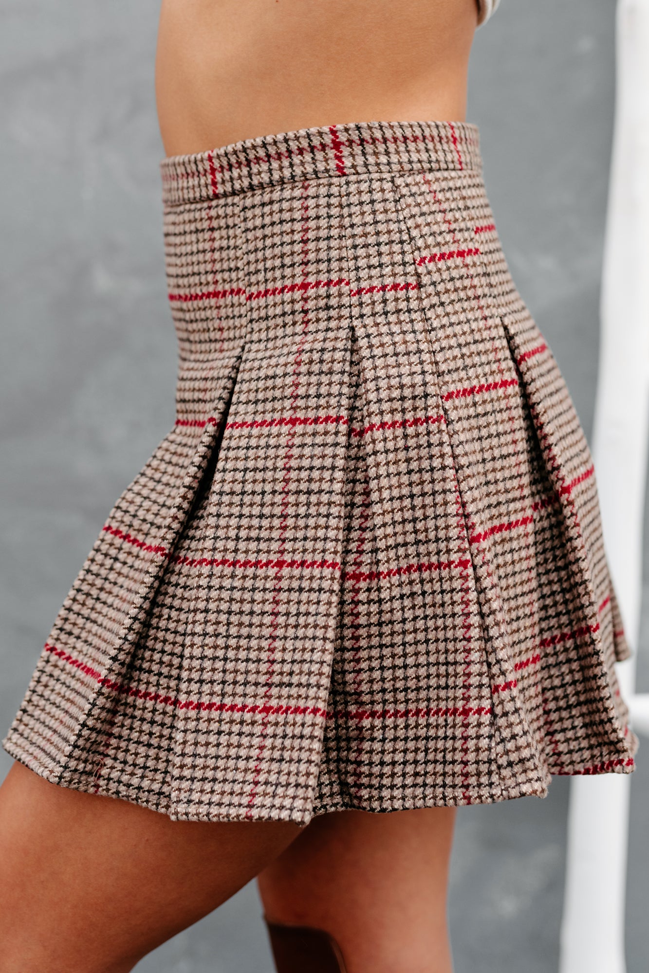 School Girl Crush Pleated Plaid Mini Skirt (Camel/Red Plaid)-The Formal Wear