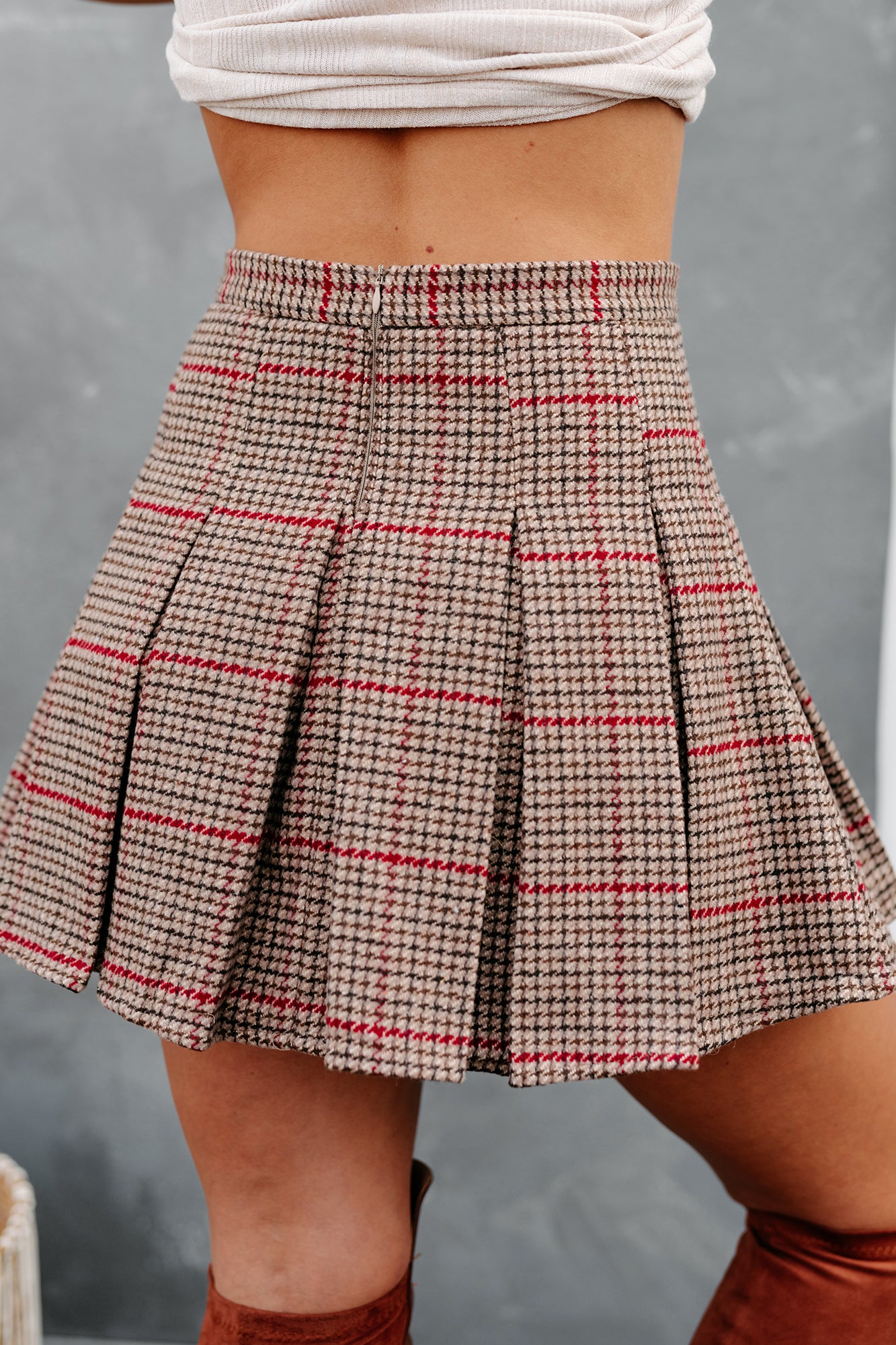 School Girl Crush Pleated Plaid Mini Skirt (Camel/Red Plaid)-The Formal Wear