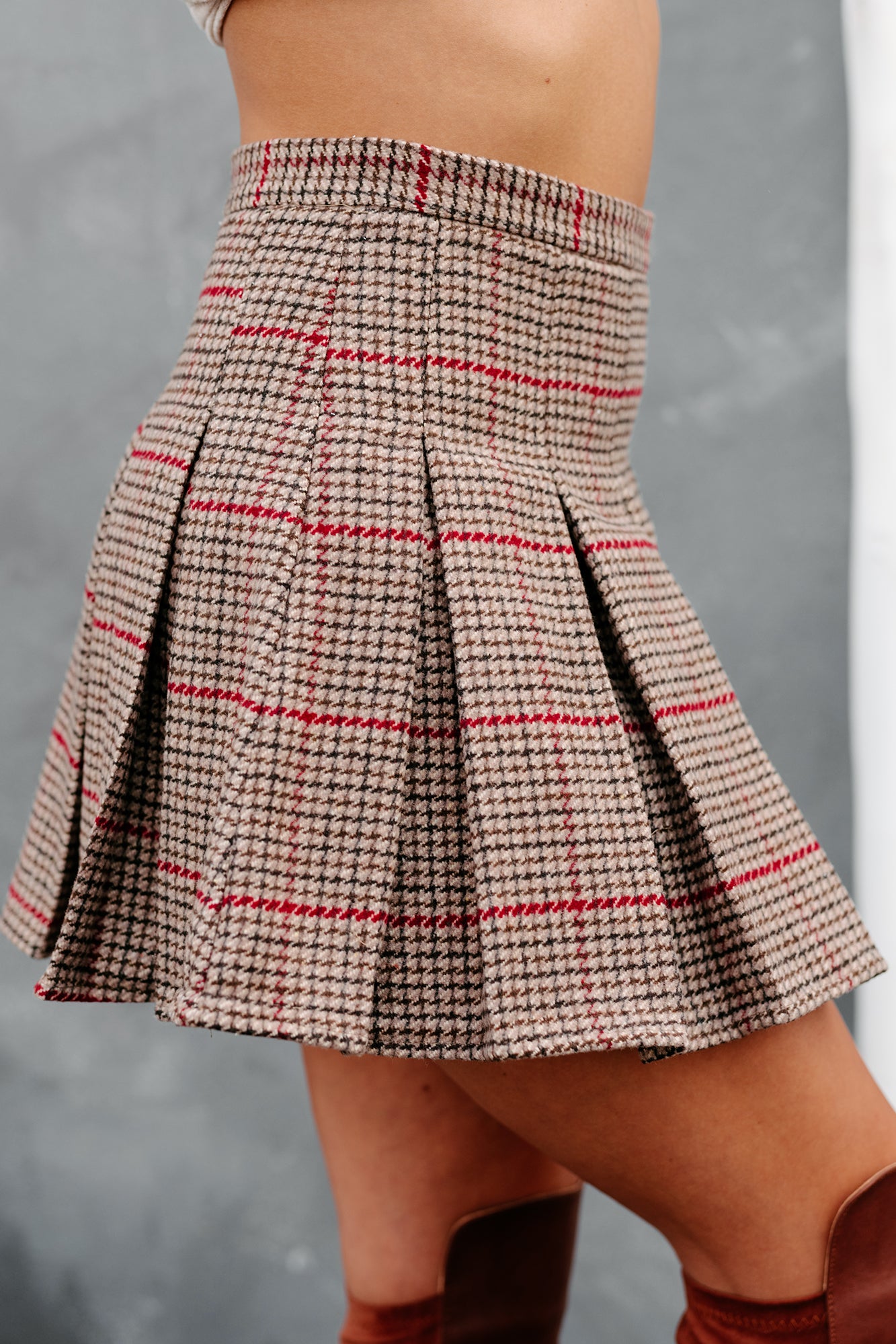 School Girl Crush Pleated Plaid Mini Skirt (Camel/Red Plaid)-The Formal Wear