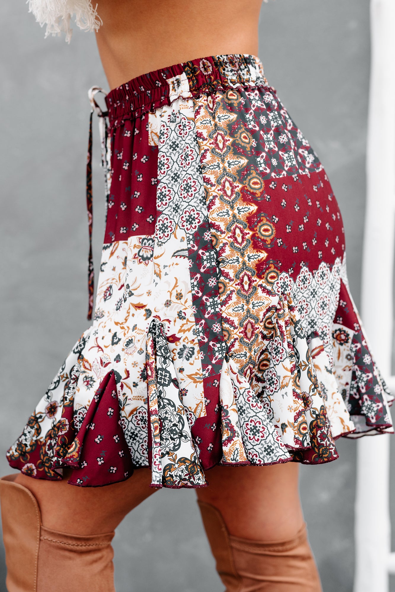 Midwest Mindset Patch Print Ruffled Mini Skirt (Red Multi)-The Formal Wear