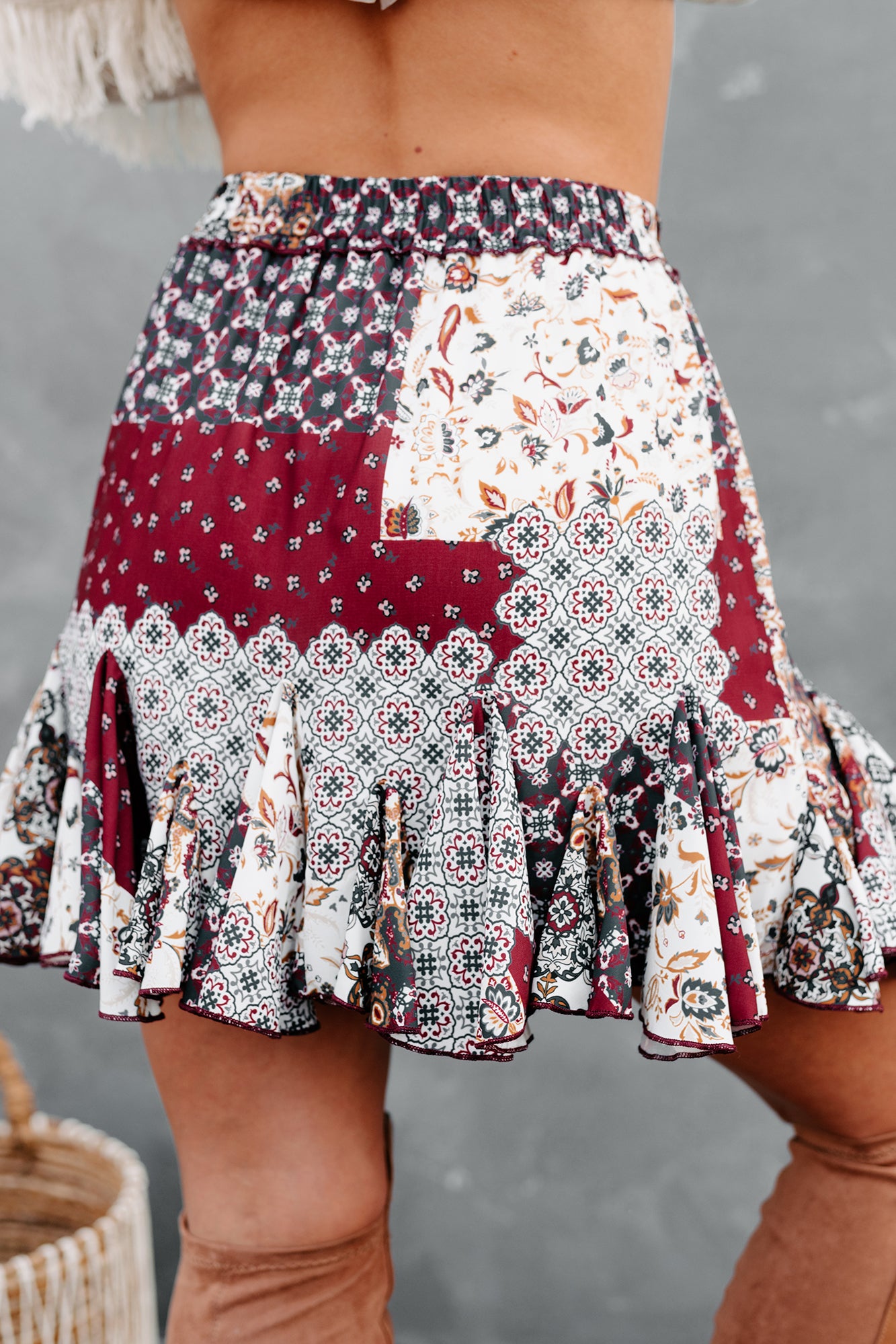 Midwest Mindset Patch Print Ruffled Mini Skirt (Red Multi)-The Formal Wear