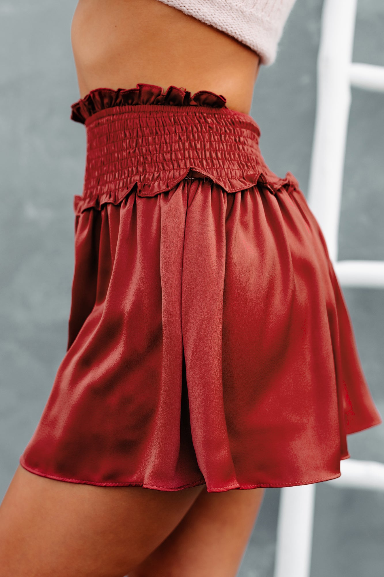 Catch Me There Smocked Satin Skort (Brick)-The Formal Wear