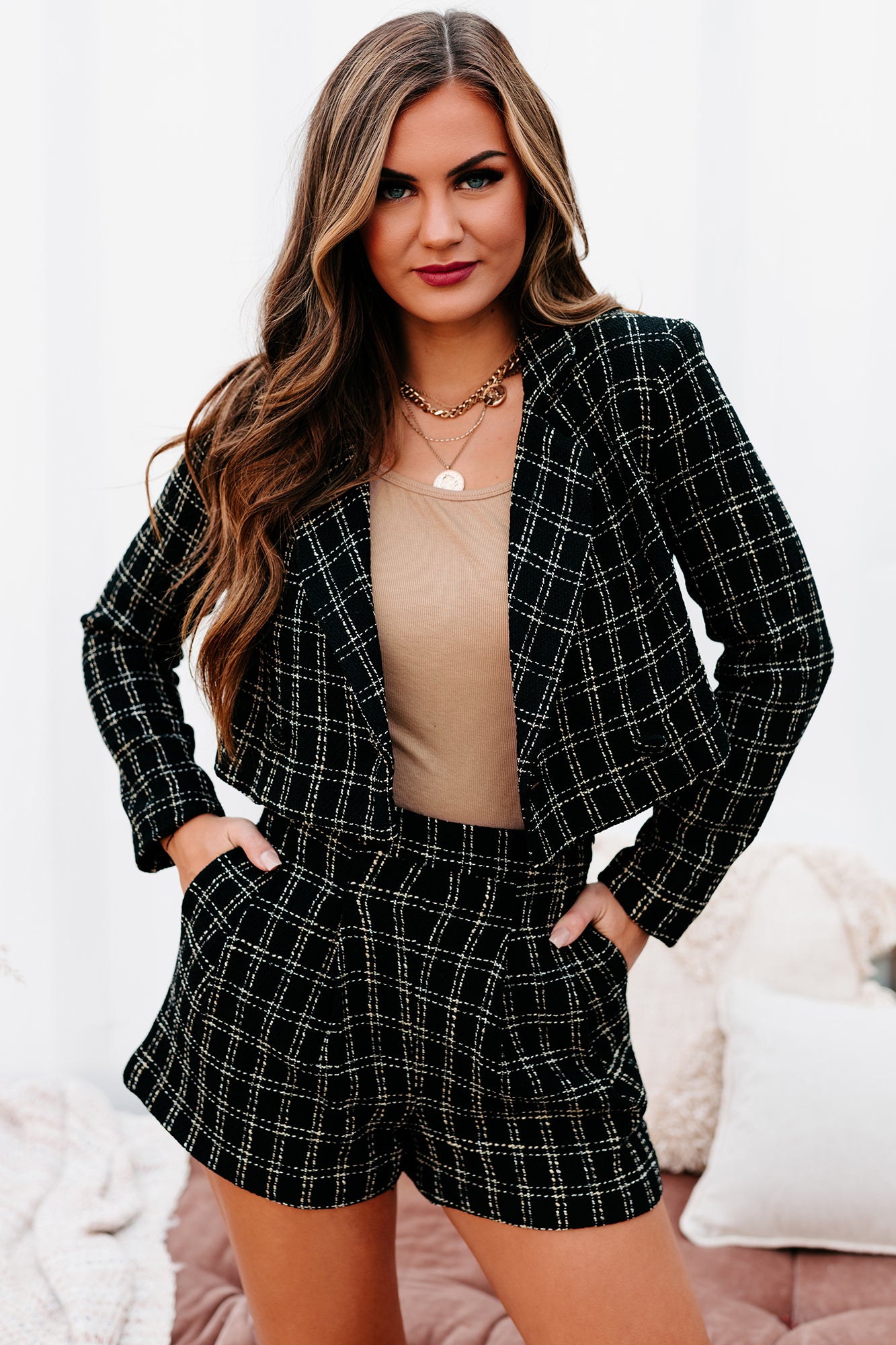 Visualize Success Plaid Cropped Blazer (Black/Cream Plaid)-The Formal Wear