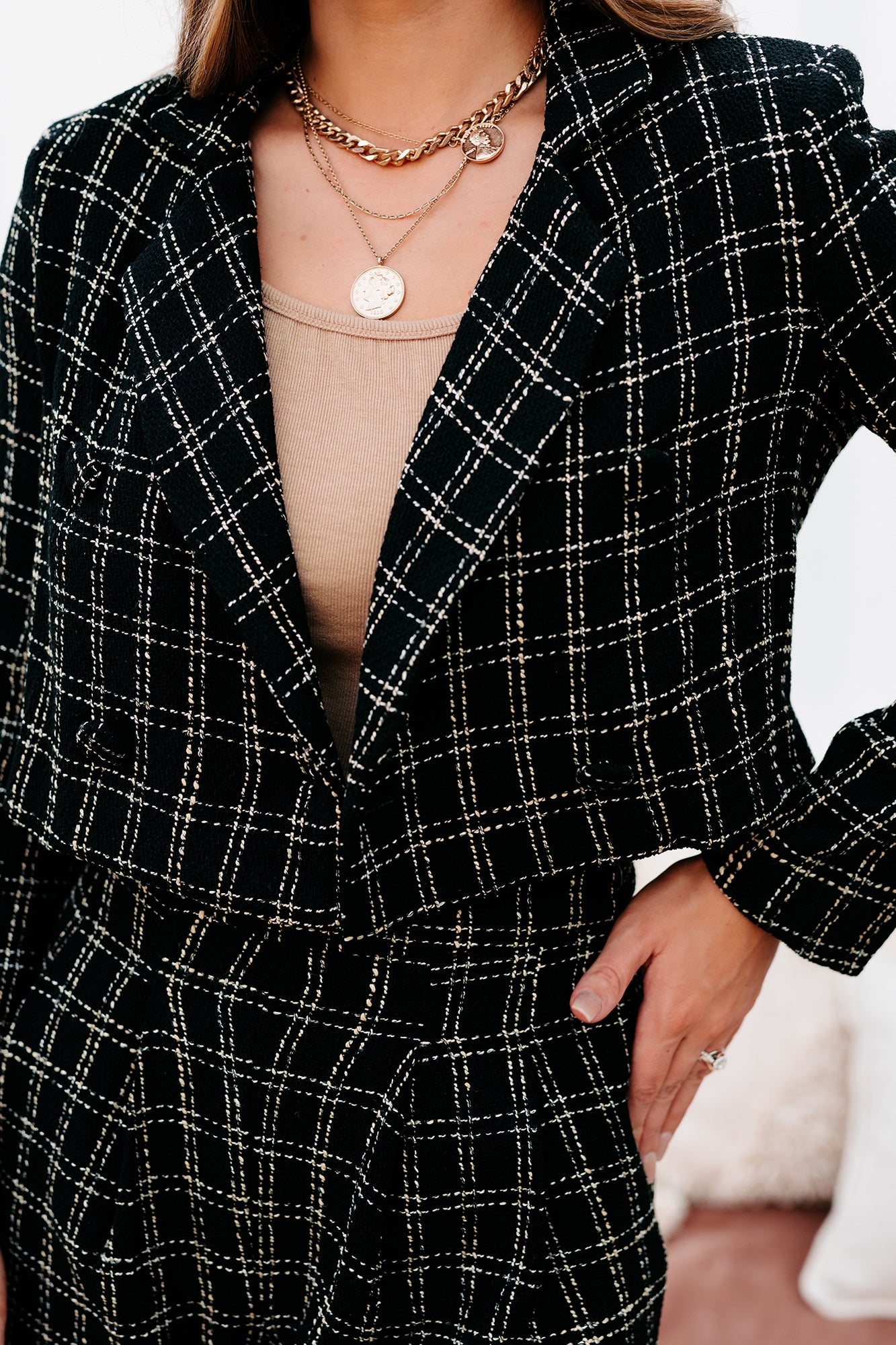 Visualize Success Plaid Cropped Blazer (Black/Cream Plaid)-The Formal Wear
