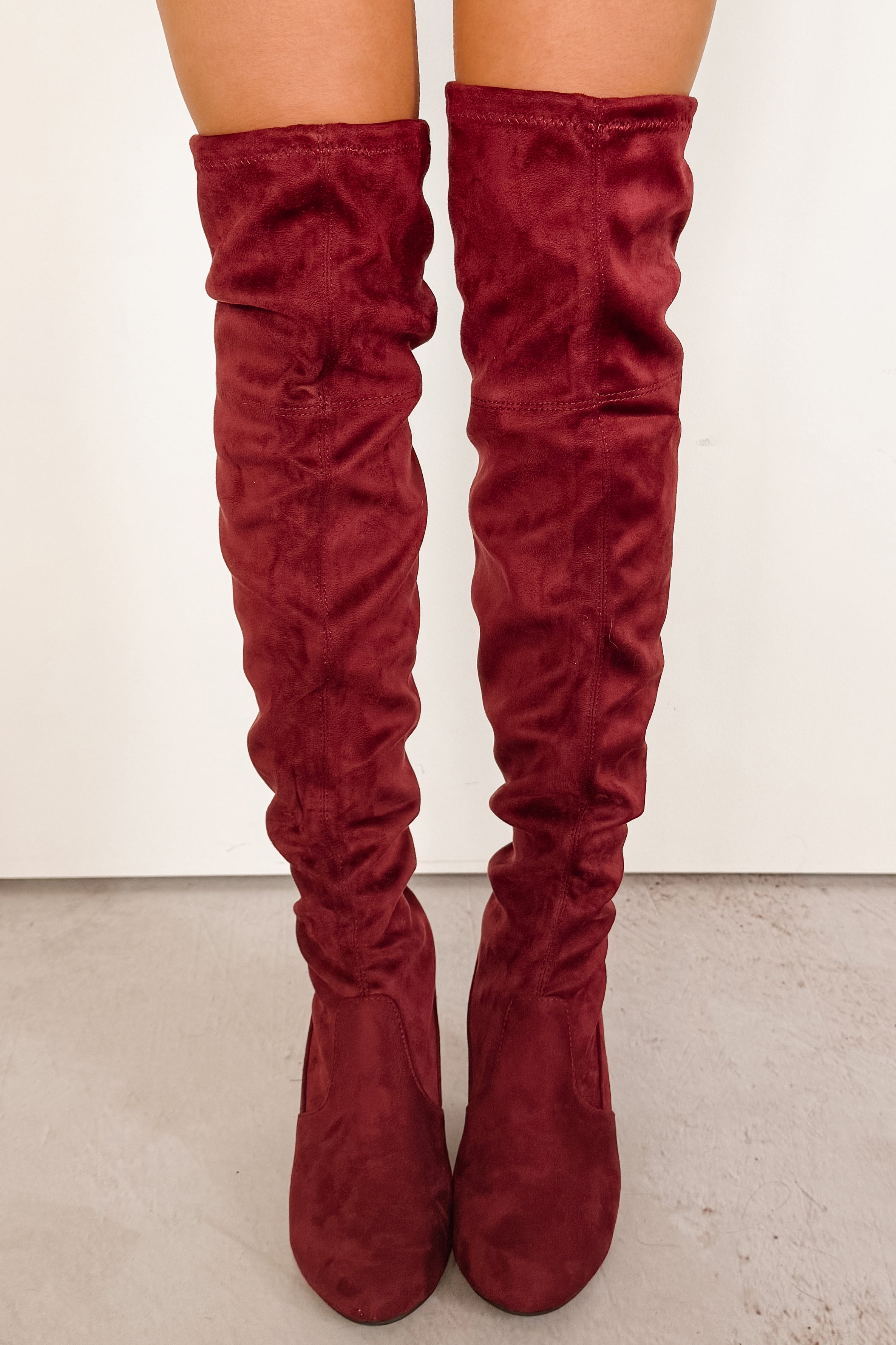 Bold Horizon Thigh High Faux Suede Boots (Burgundy)-The Formal Wear