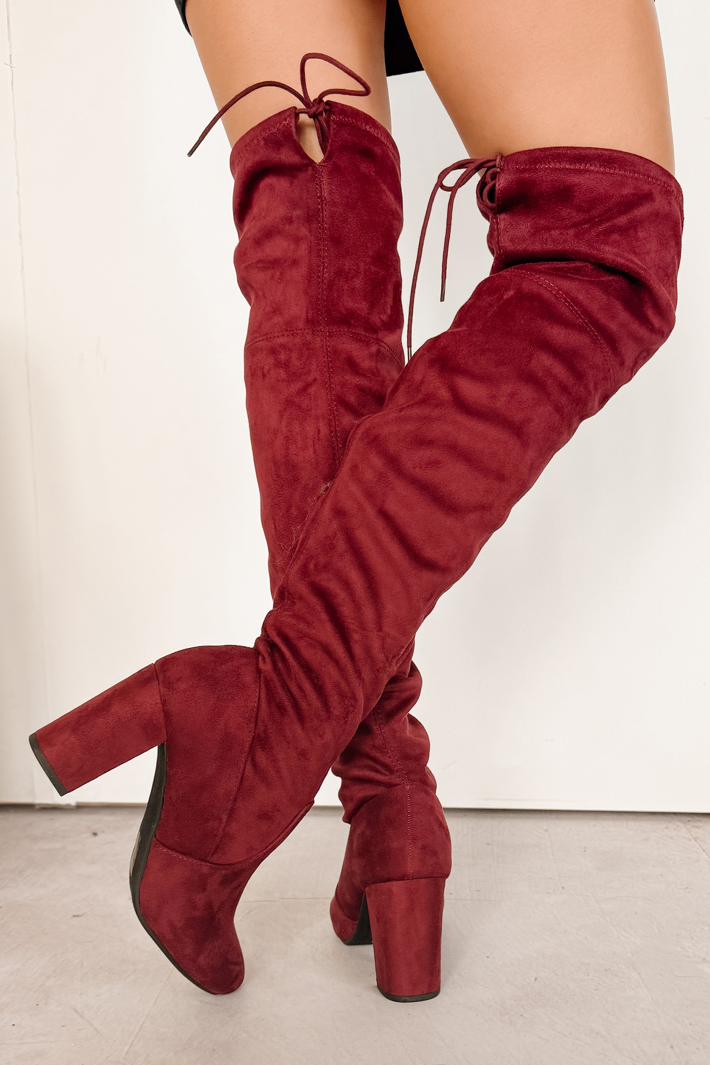 Bold Horizon Thigh High Faux Suede Boots (Burgundy)-The Formal Wear