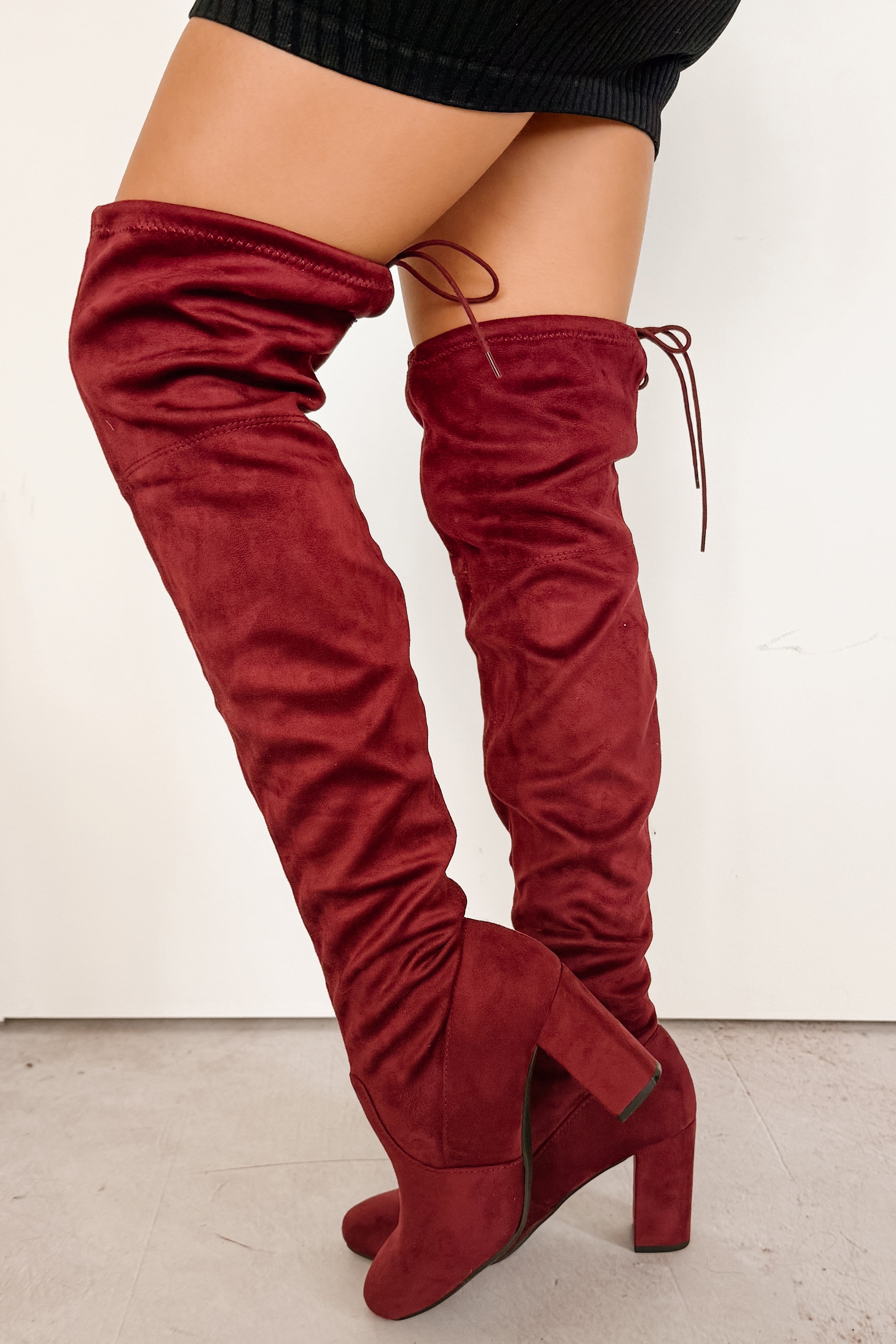 Bold Horizon Thigh High Faux Suede Boots (Burgundy)-The Formal Wear