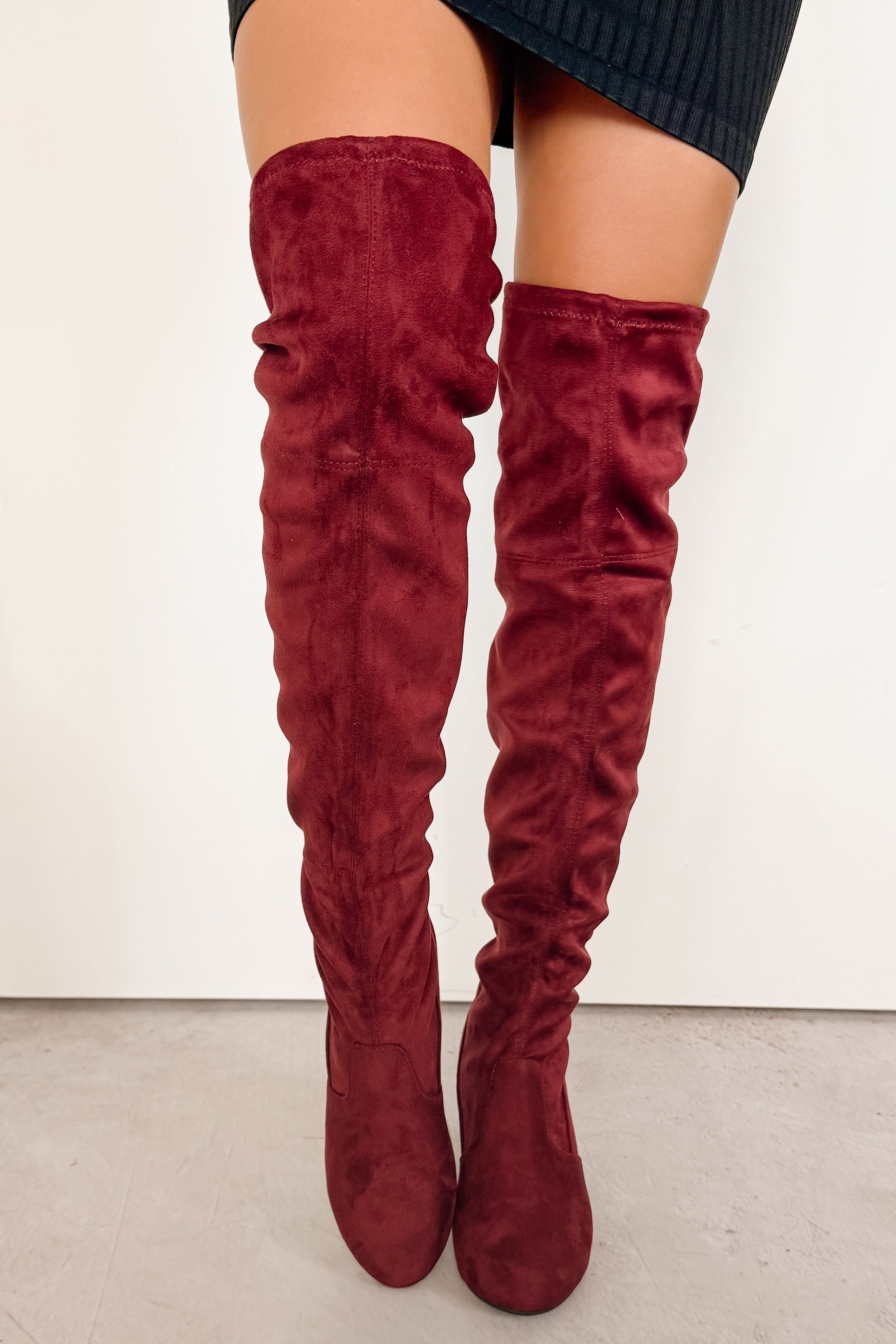 Bold Horizon Thigh High Faux Suede Boots (Burgundy)-The Formal Wear