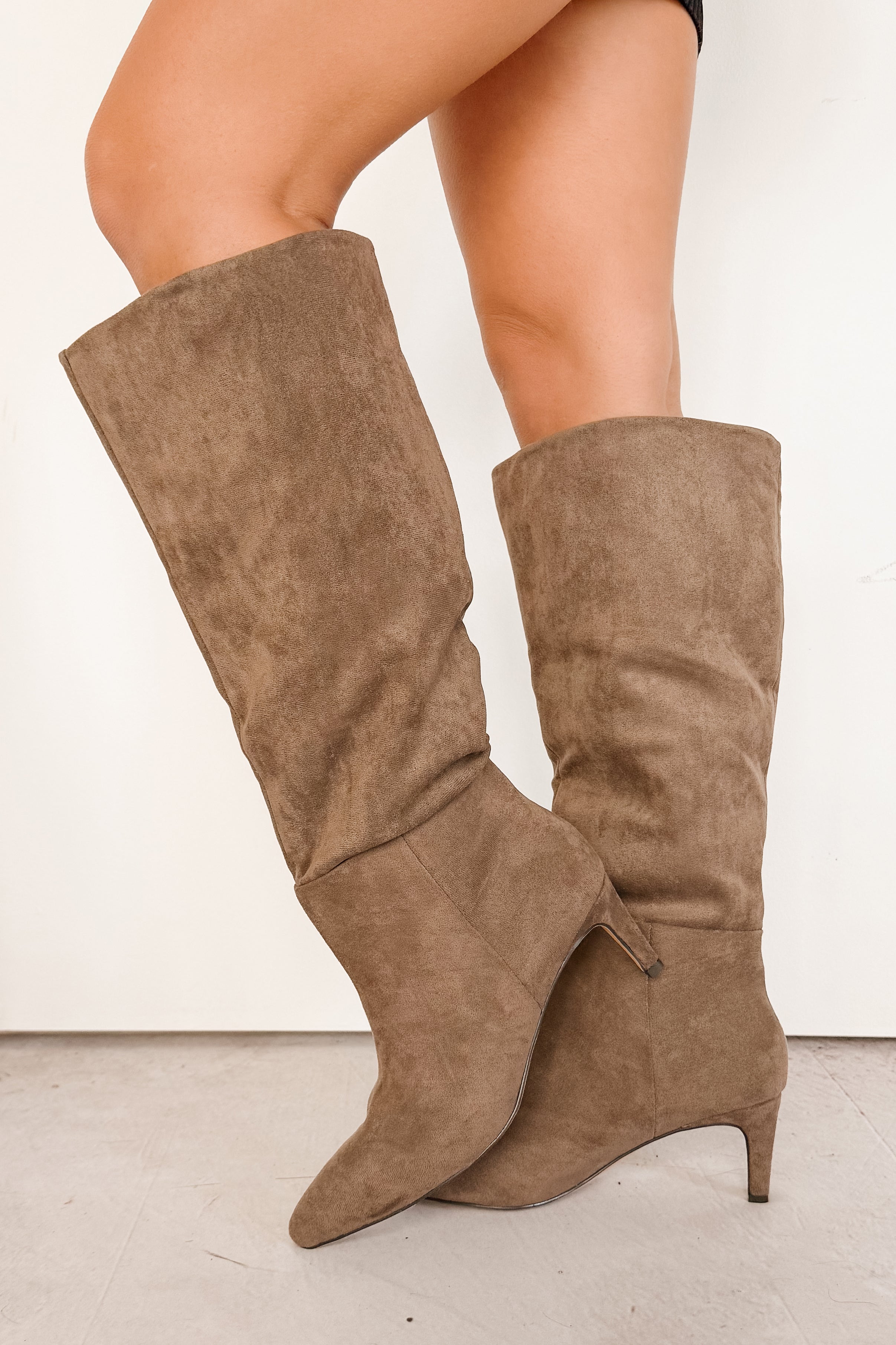 Corporate Chic Kitten Heel Faux Suede Boots (Taupe)-The Formal Wear