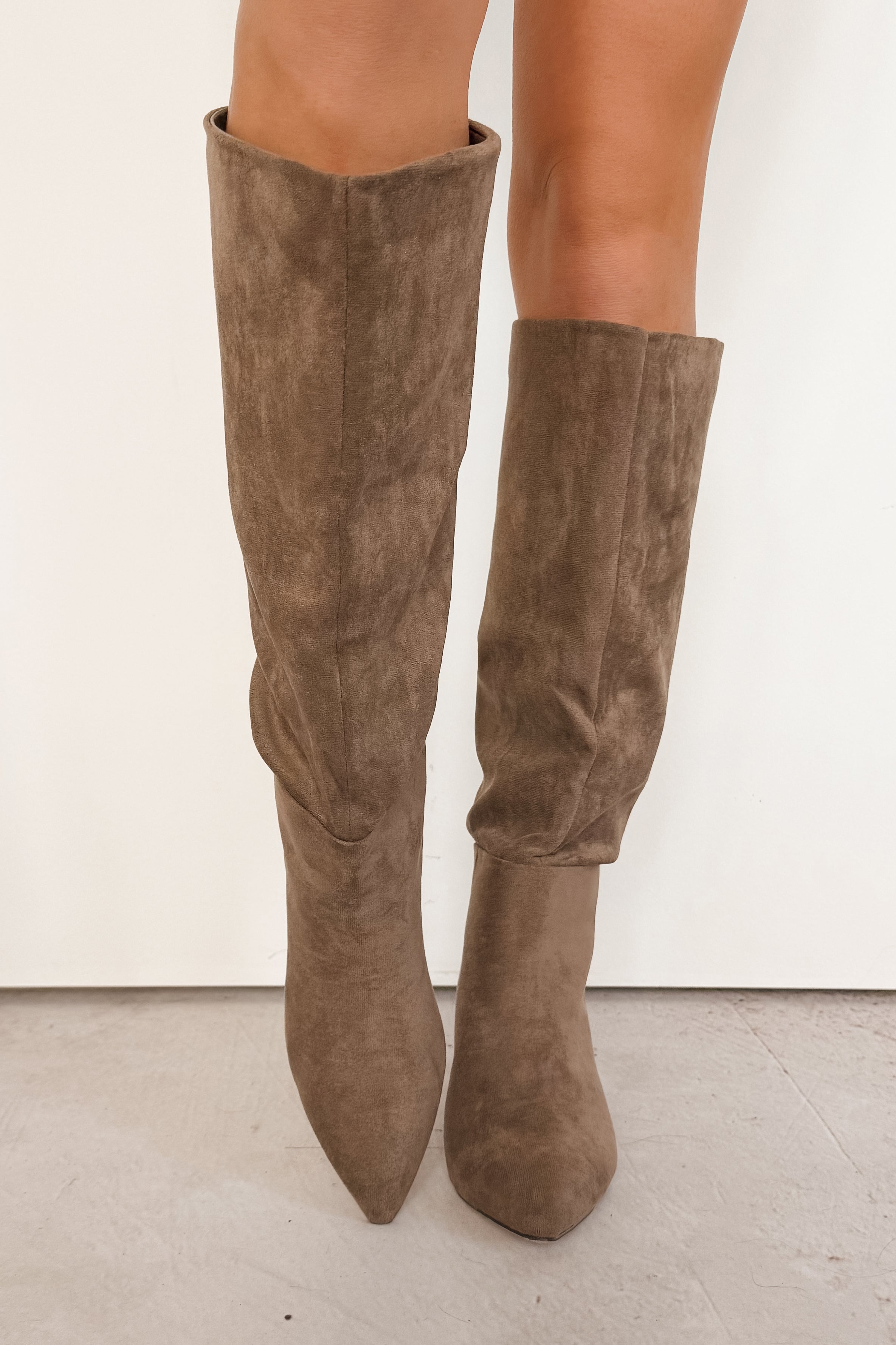 Corporate Chic Kitten Heel Faux Suede Boots (Taupe)-The Formal Wear