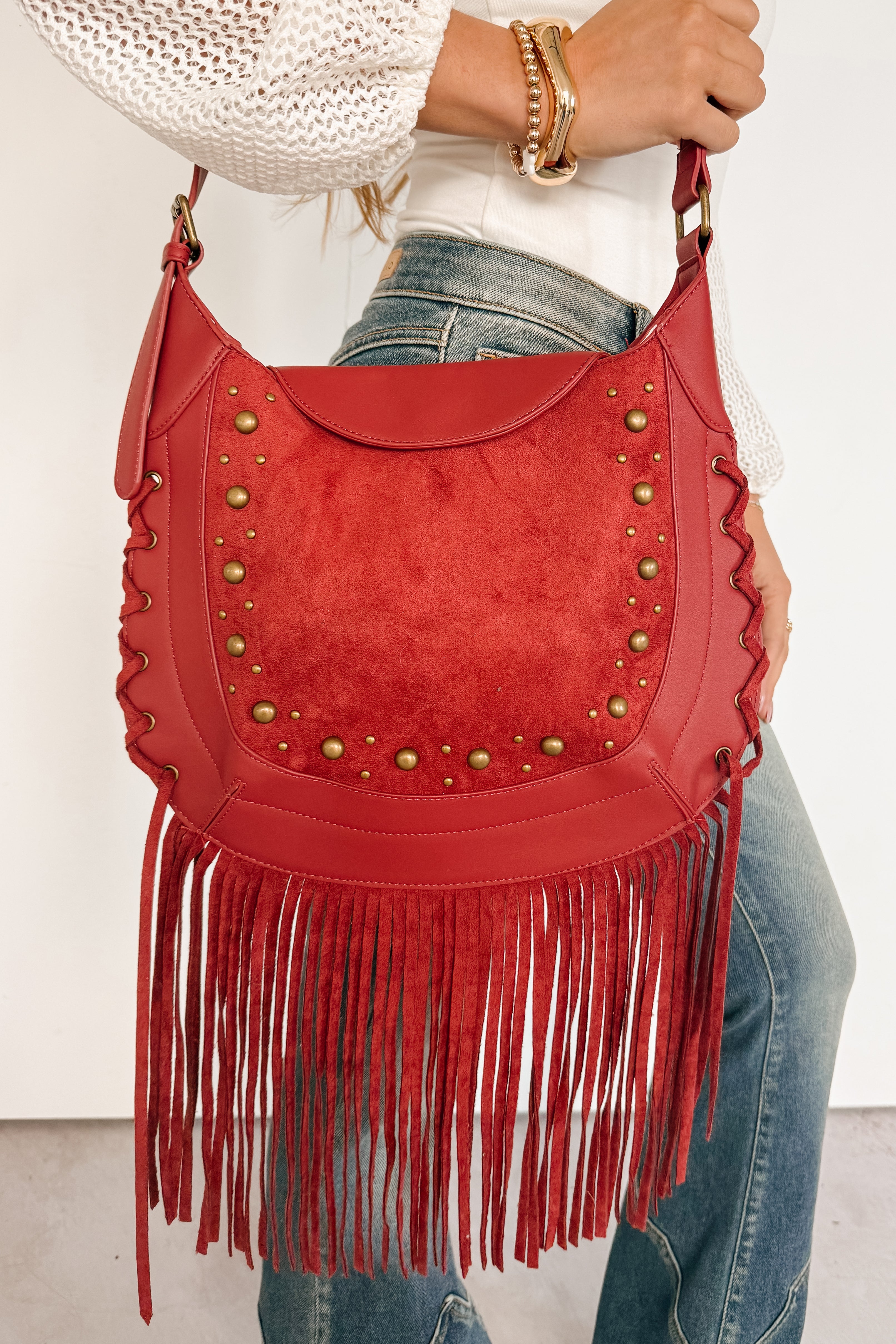 Prairie Kisses Faux Leather Fringe Trim Bag (Red)-The Formal Wear