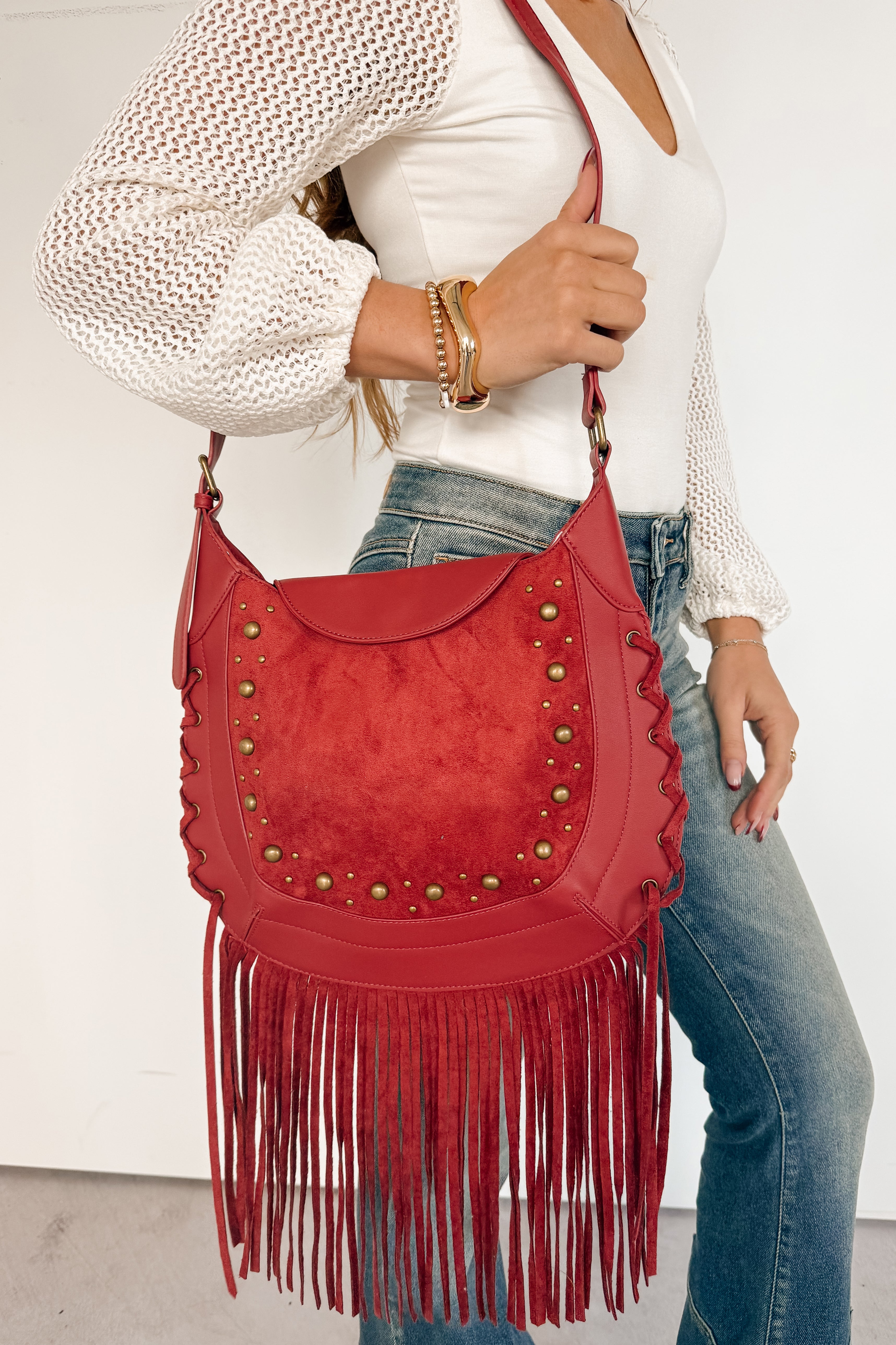 Prairie Kisses Faux Leather Fringe Trim Bag (Red)-The Formal Wear
