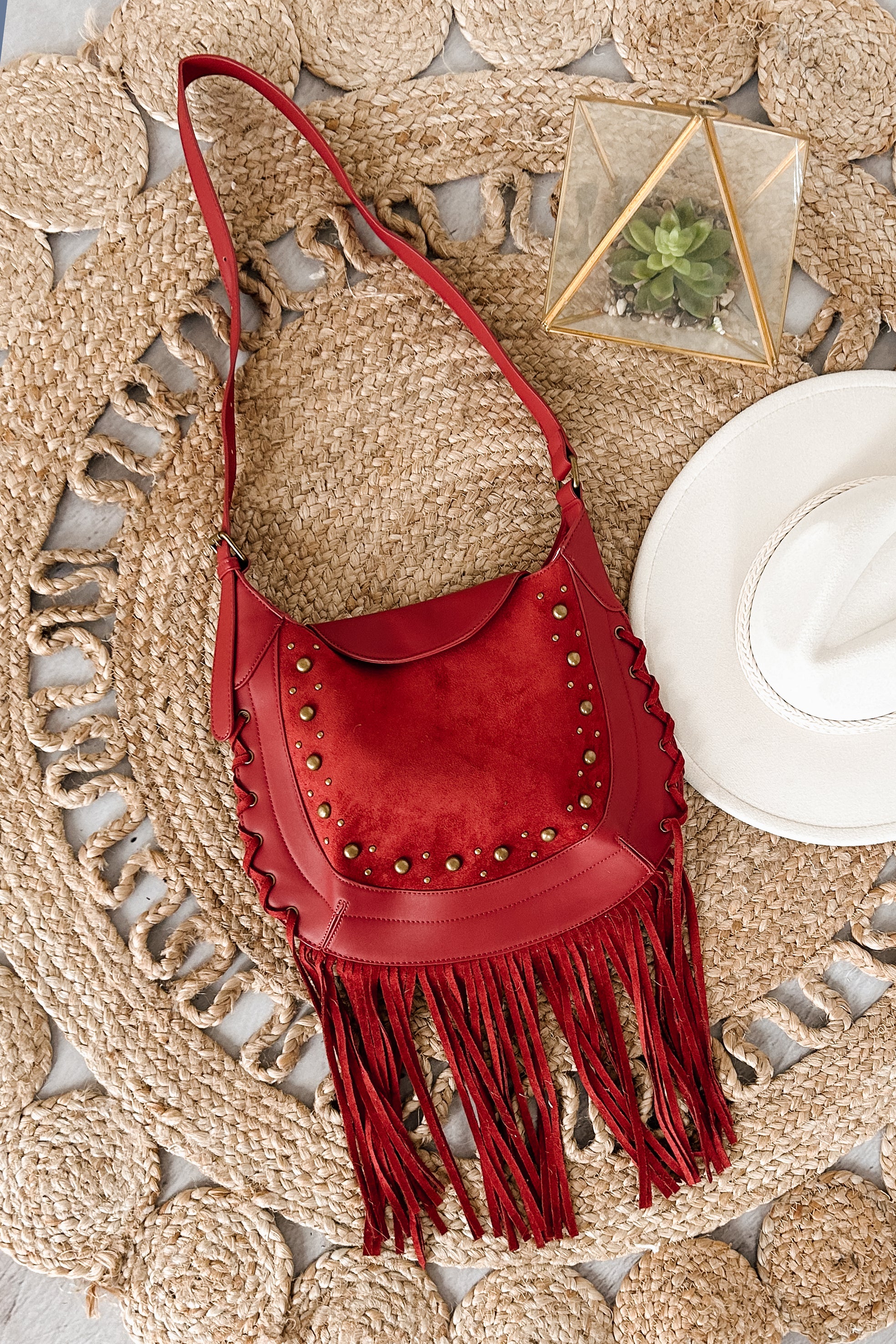 Prairie Kisses Faux Leather Fringe Trim Bag (Red)-The Formal Wear