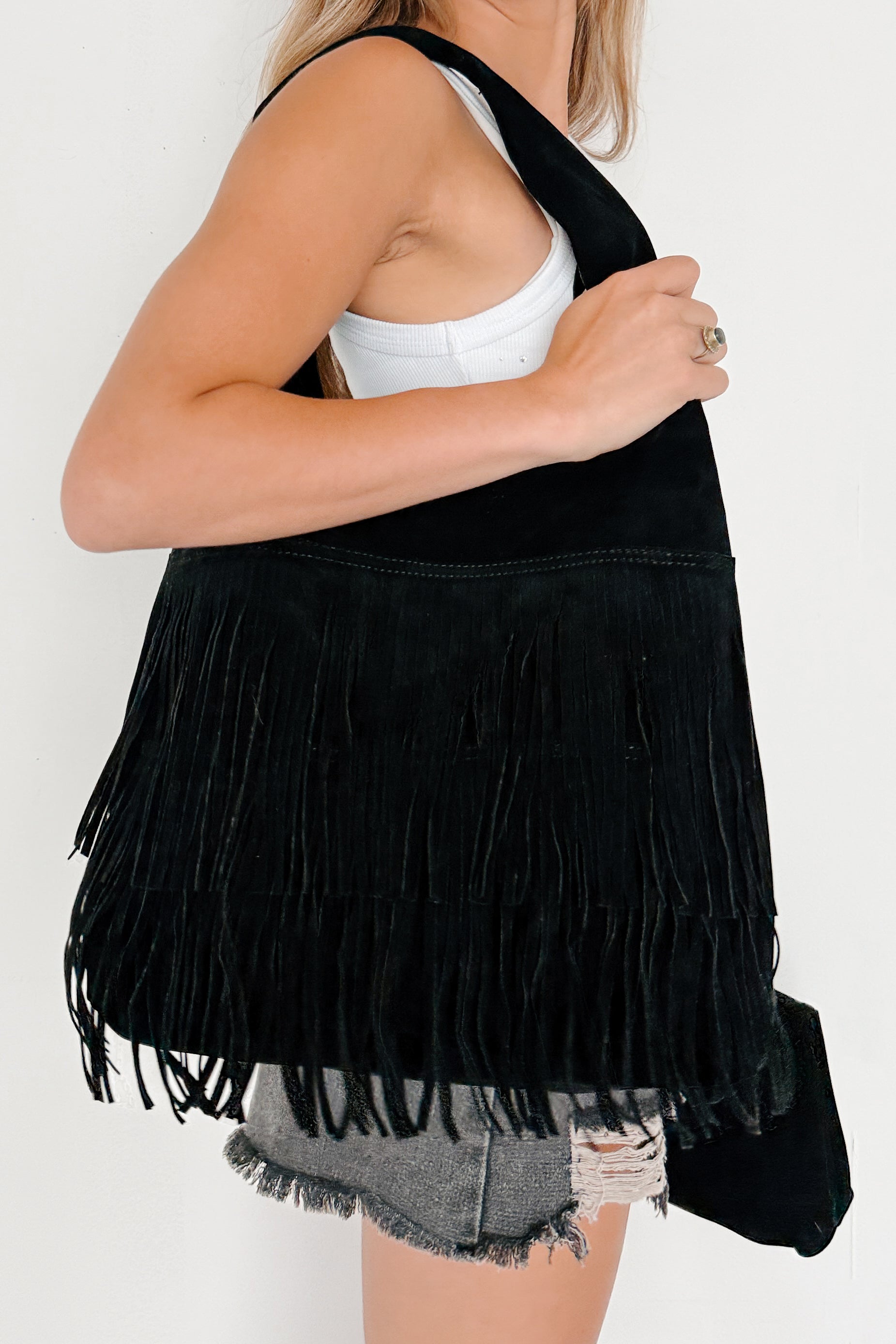 Western Whimsy Fringe Suede Handbag Set (Black)-The Formal Wear