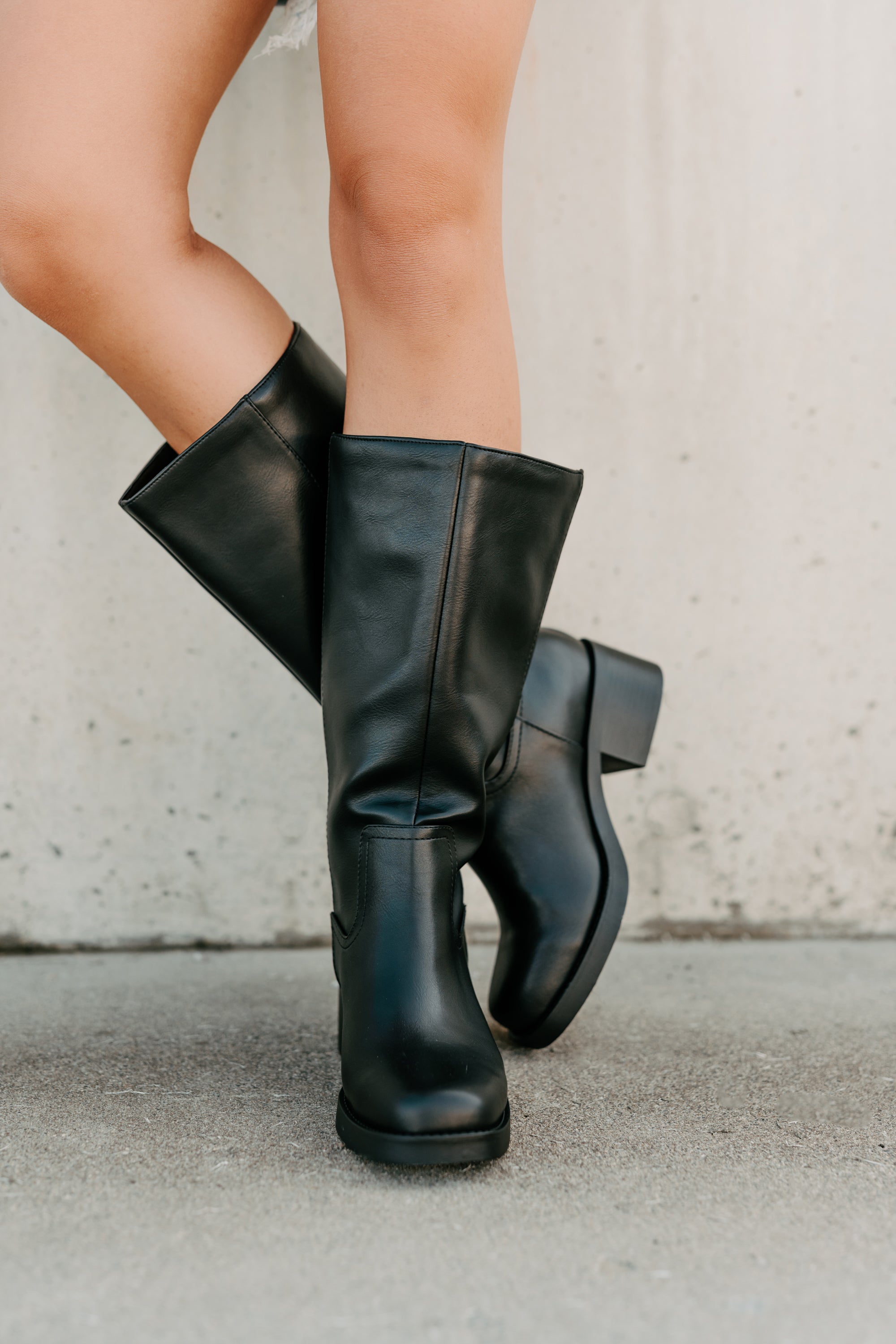 Off The Trail Mid-Calf Faux Leather Boots (Black)-The Formal Wear