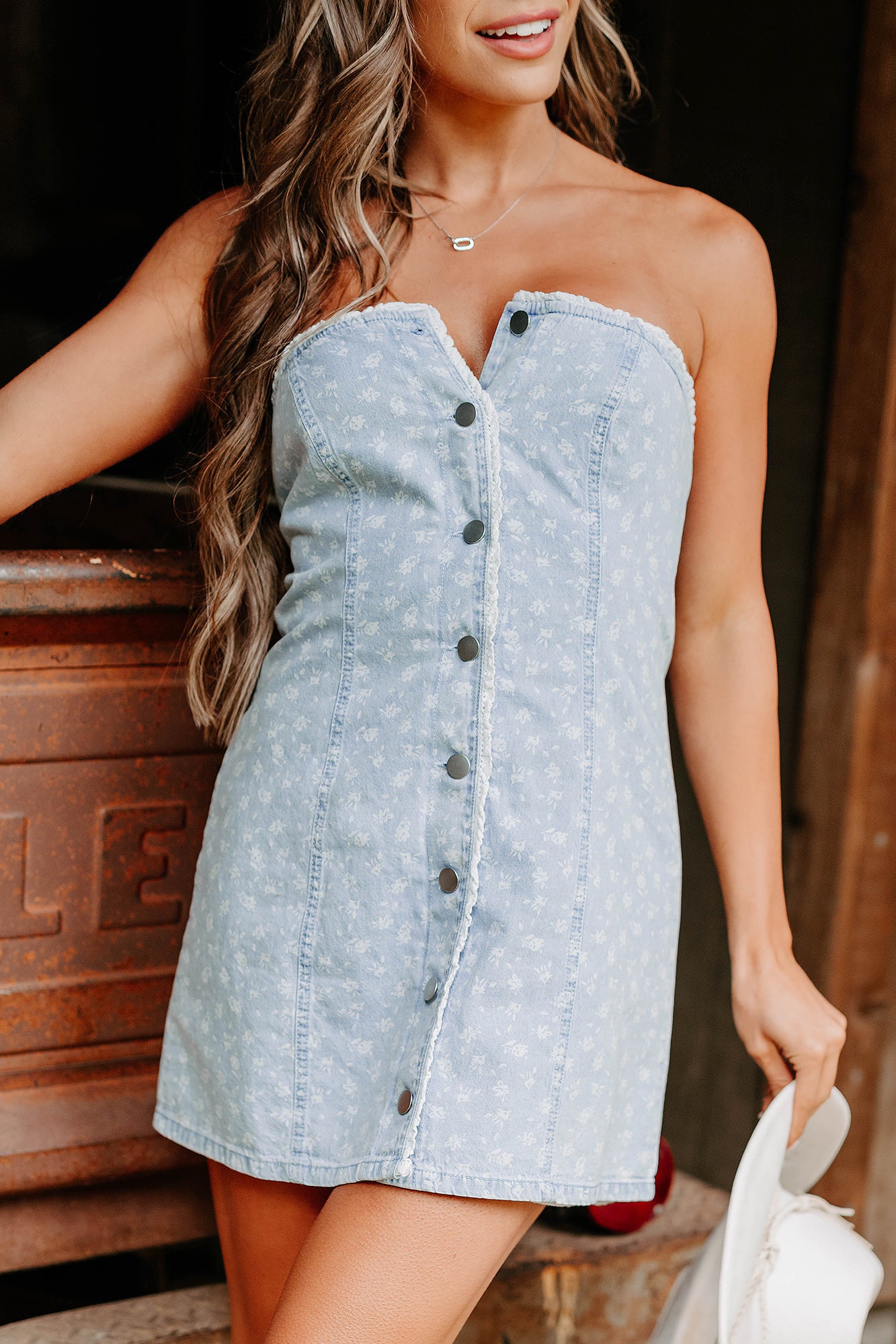 Now You See Me Floral Denim Mini Dress (Denim/White)-The Formal Wear