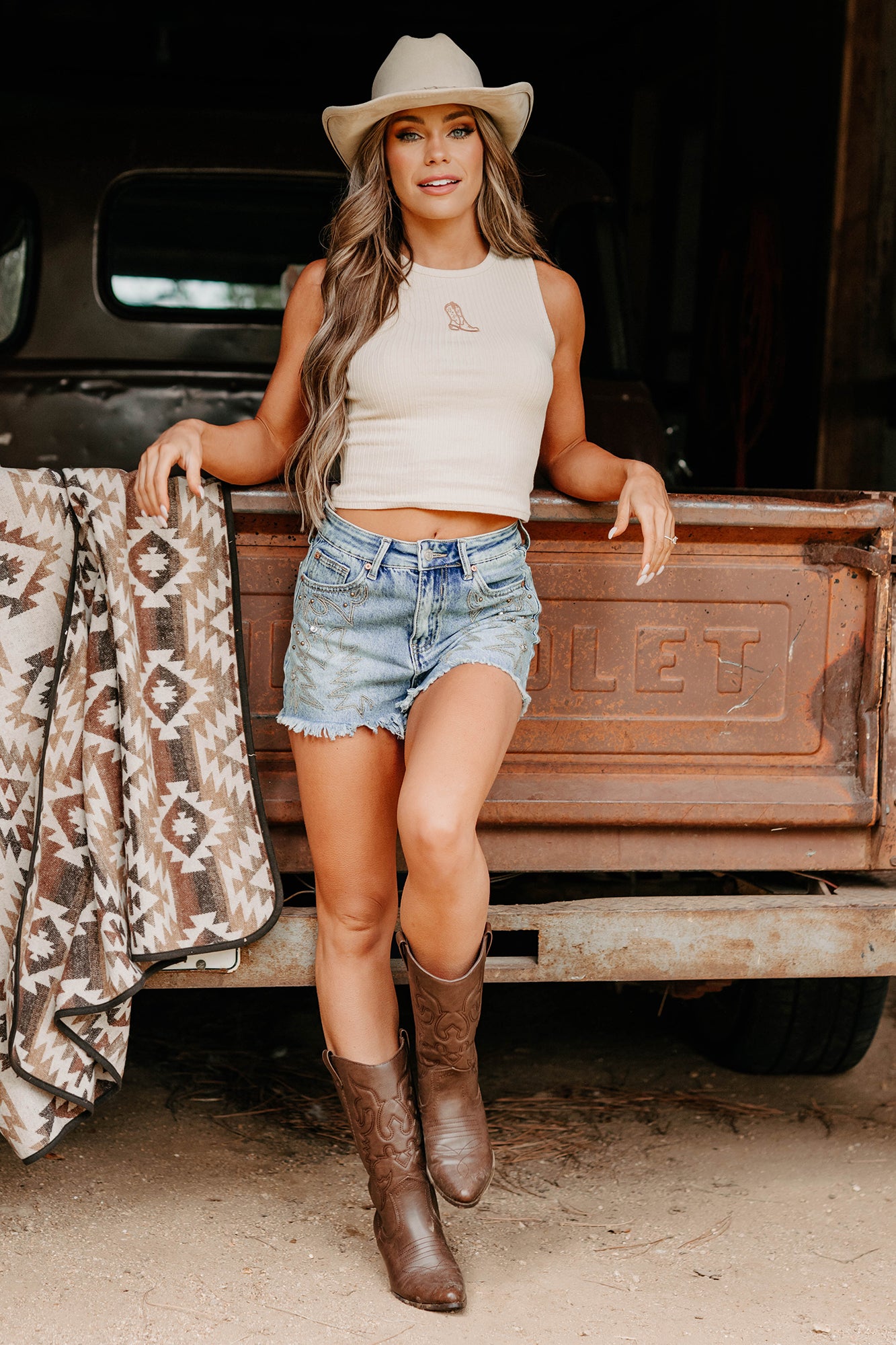Somewhere Still Boot Embroidered Tank Top (Taupe)-The Formal Wear