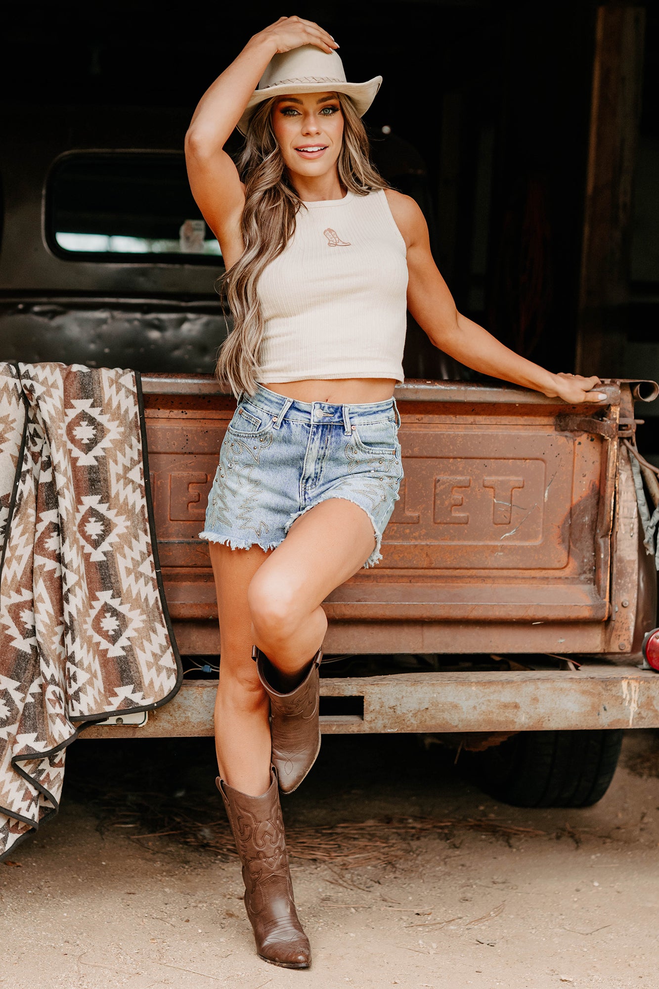 Somewhere Still Boot Embroidered Tank Top (Taupe)-The Formal Wear