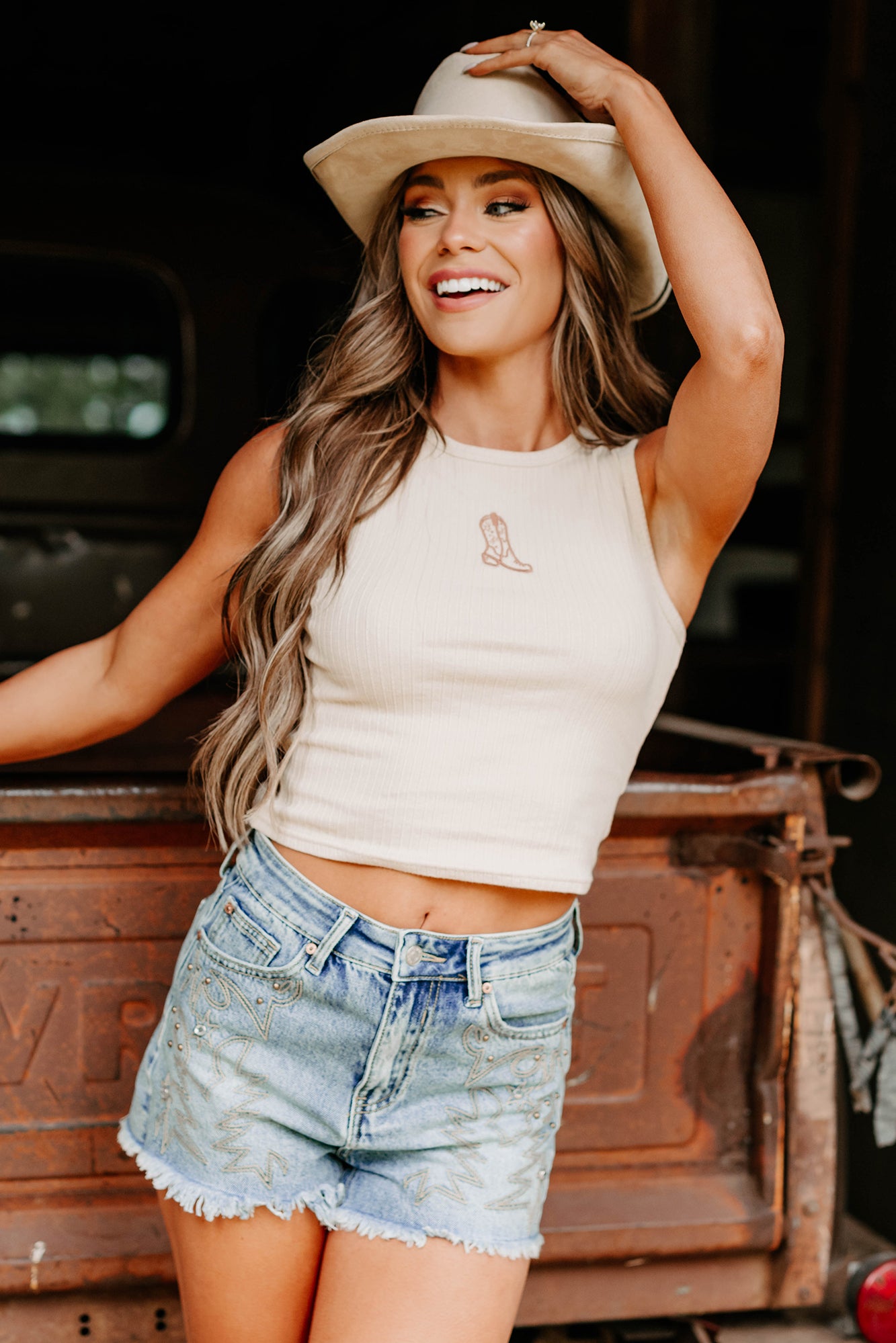 Somewhere Still Boot Embroidered Tank Top (Taupe)-The Formal Wear