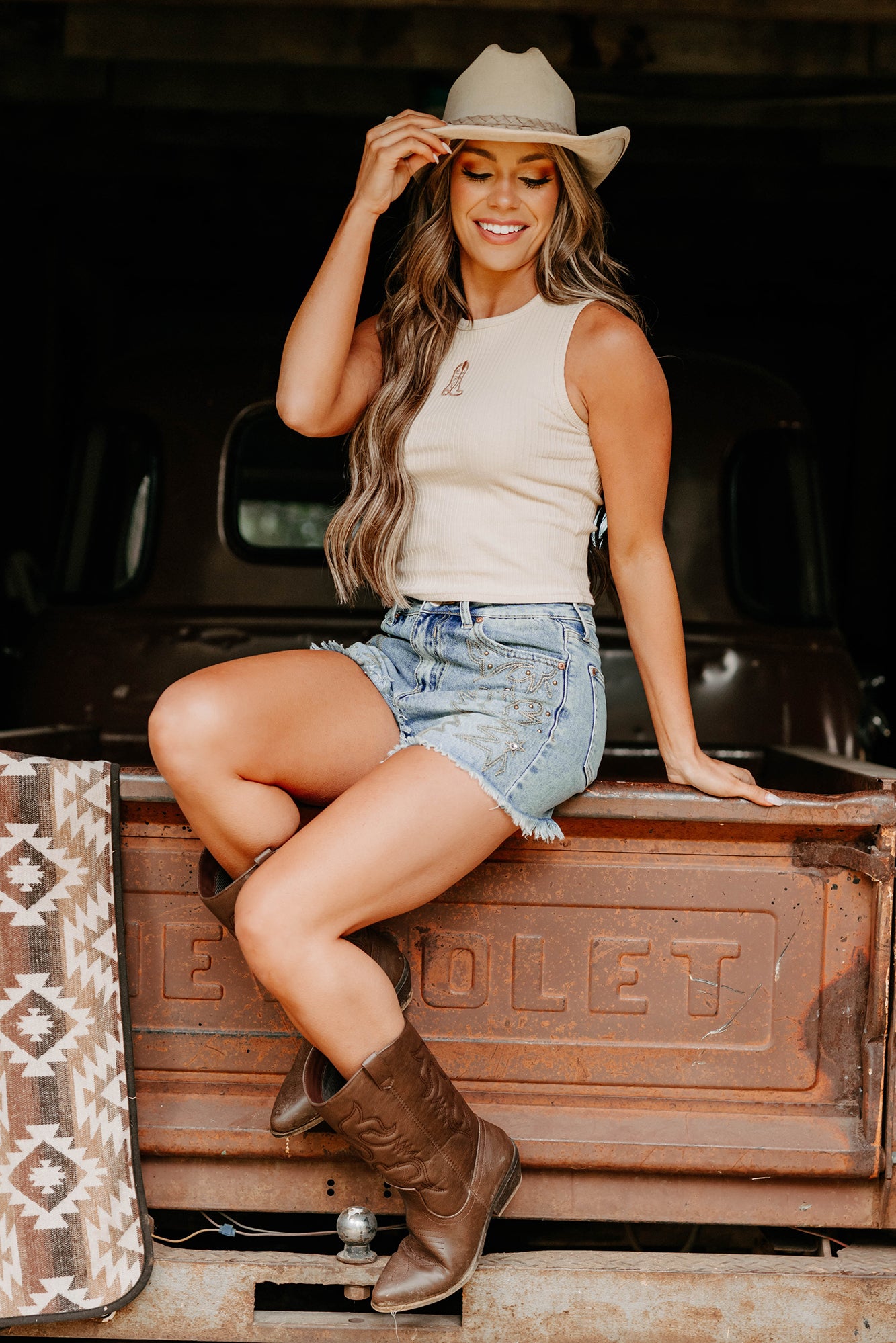 Somewhere Still Boot Embroidered Tank Top (Taupe)-The Formal Wear