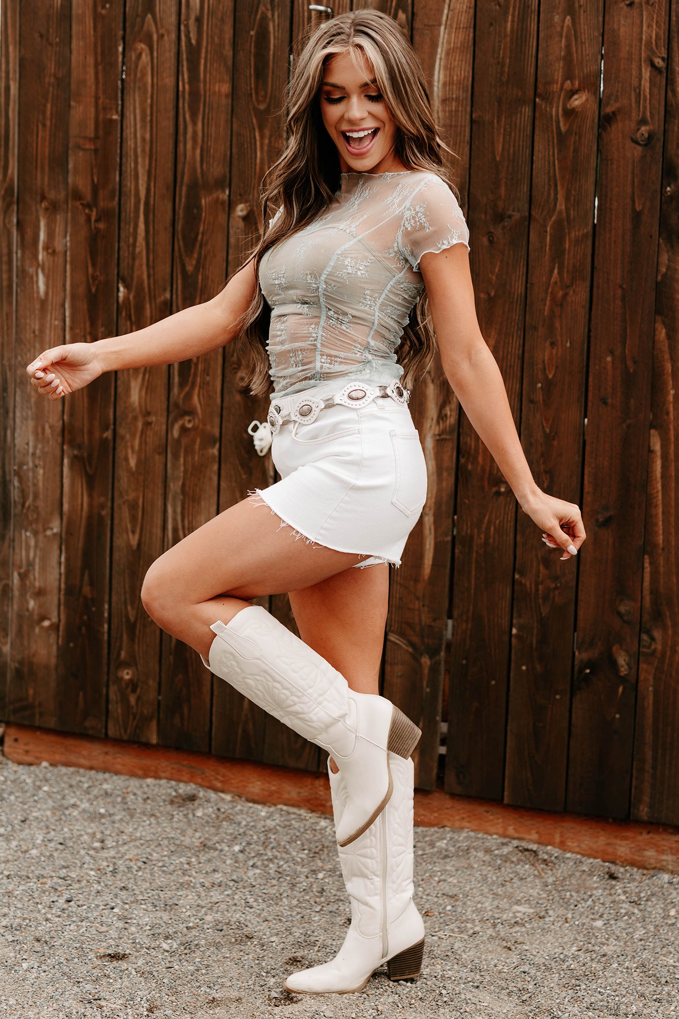 Whimsical Whisper Ruched Floral Mesh Top (Sage)-The Formal Wear