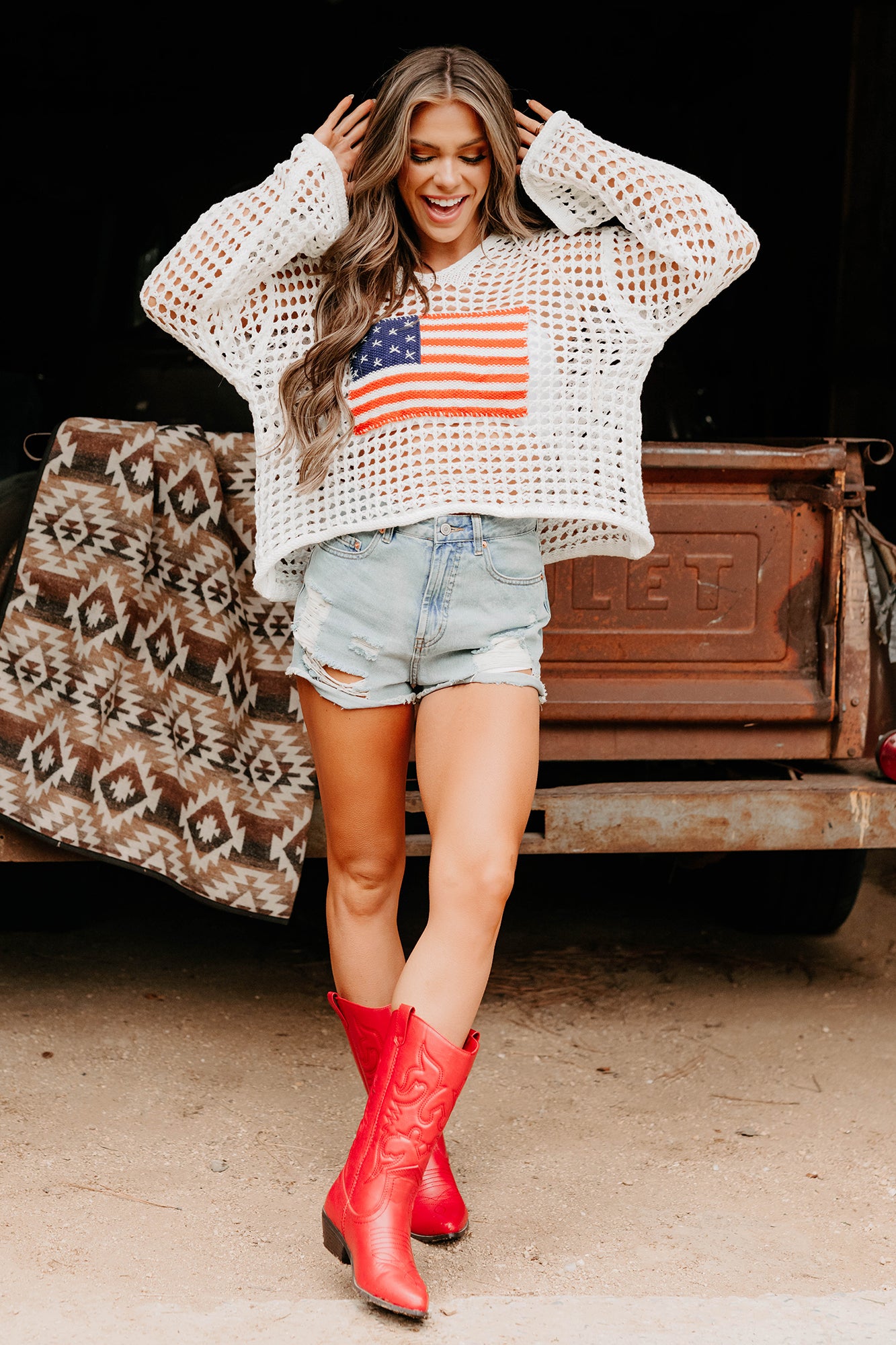 Born Free American Flag Crochet POL Hoodie (Ivory)-The Formal Wear