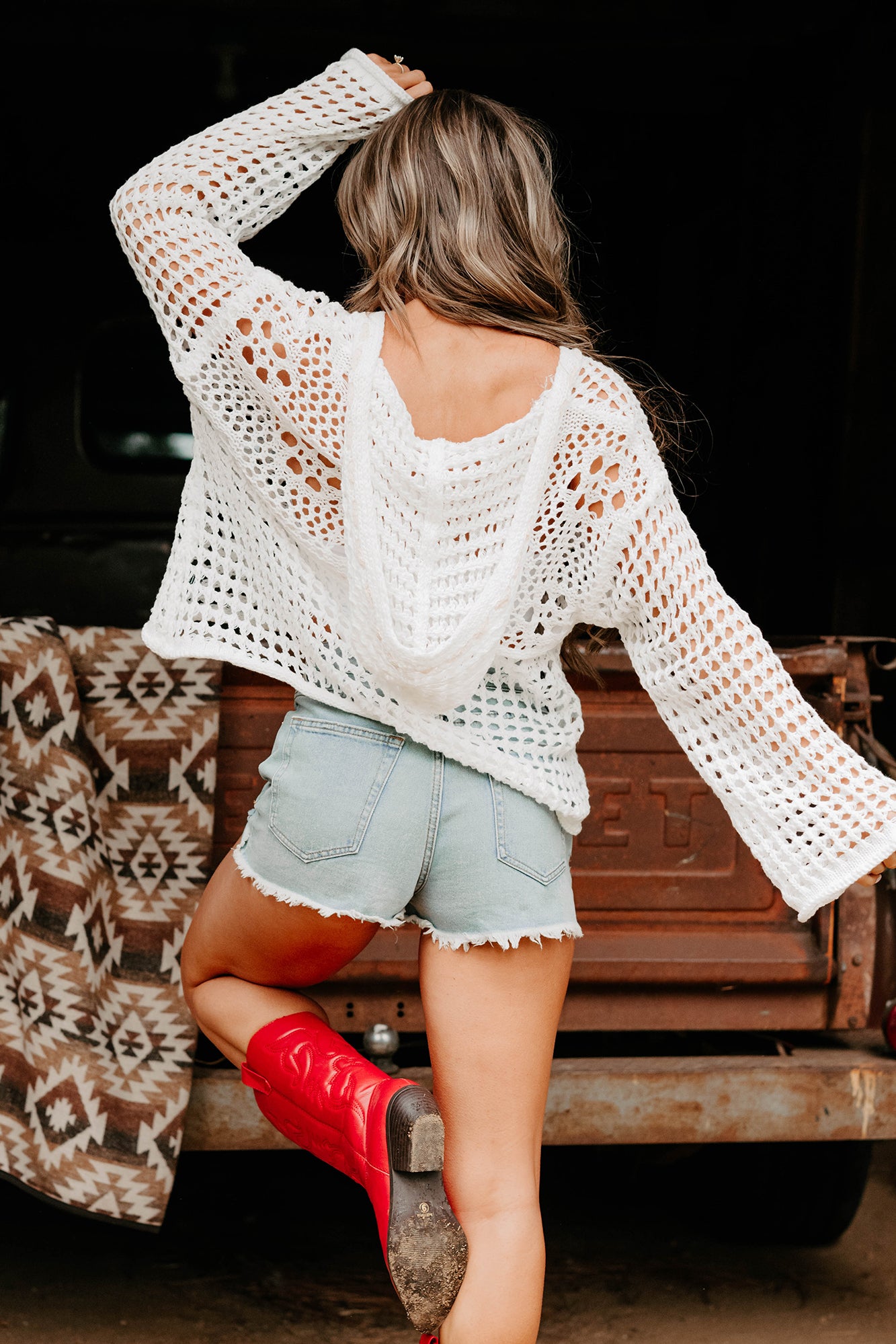 Born Free American Flag Crochet POL Hoodie (Ivory)-The Formal Wear