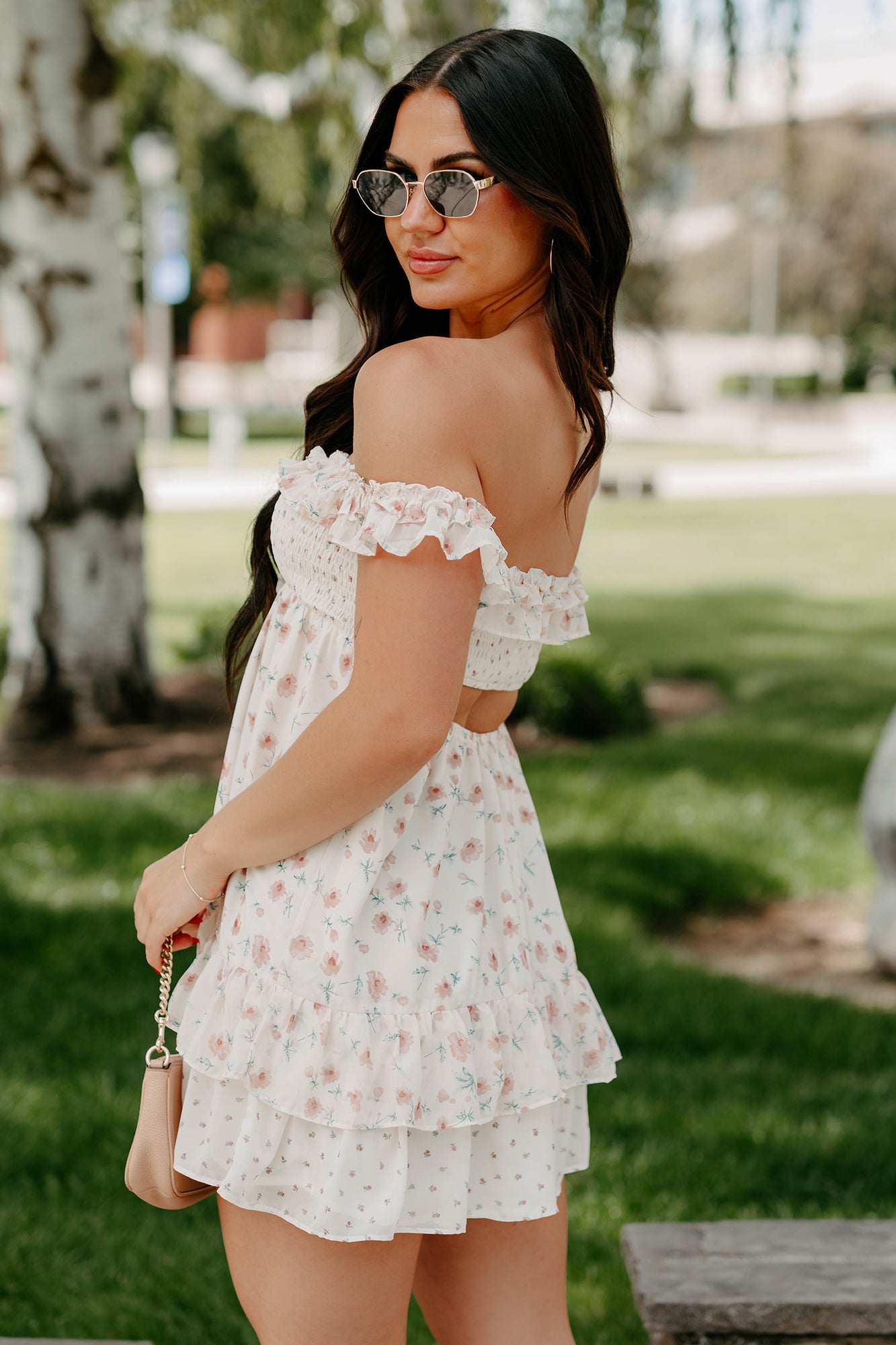 Becoming Her Off The Shoulder Floral Mini Dress (Cream)-The Formal Wear