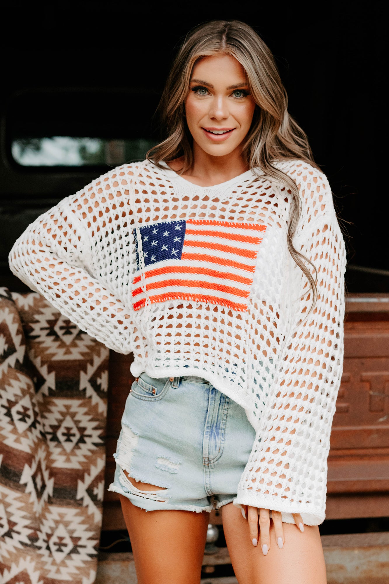 Born Free American Flag Crochet POL Hoodie (Ivory)-The Formal Wear