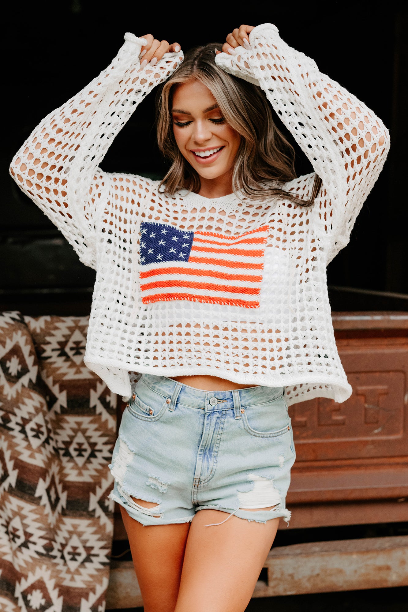 Born Free American Flag Crochet POL Hoodie (Ivory)-The Formal Wear