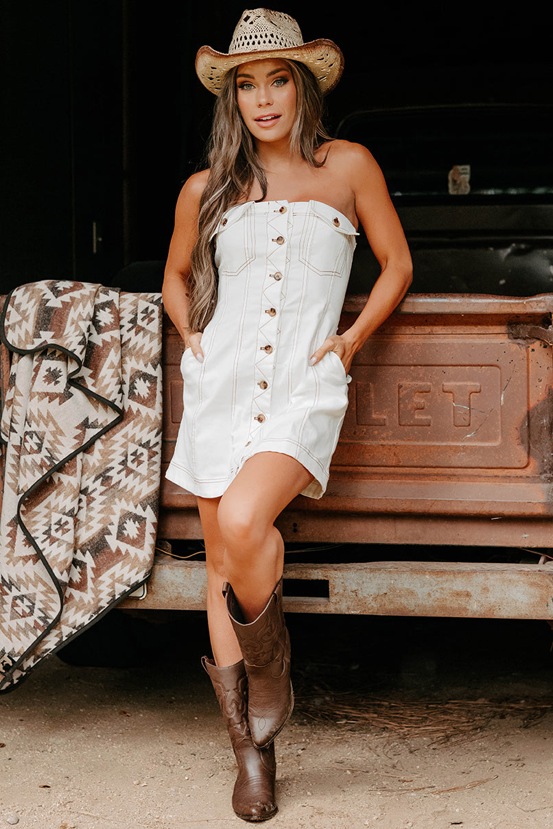 In Her Element Strapless Denim Mini Dress (White)-The Formal Wear