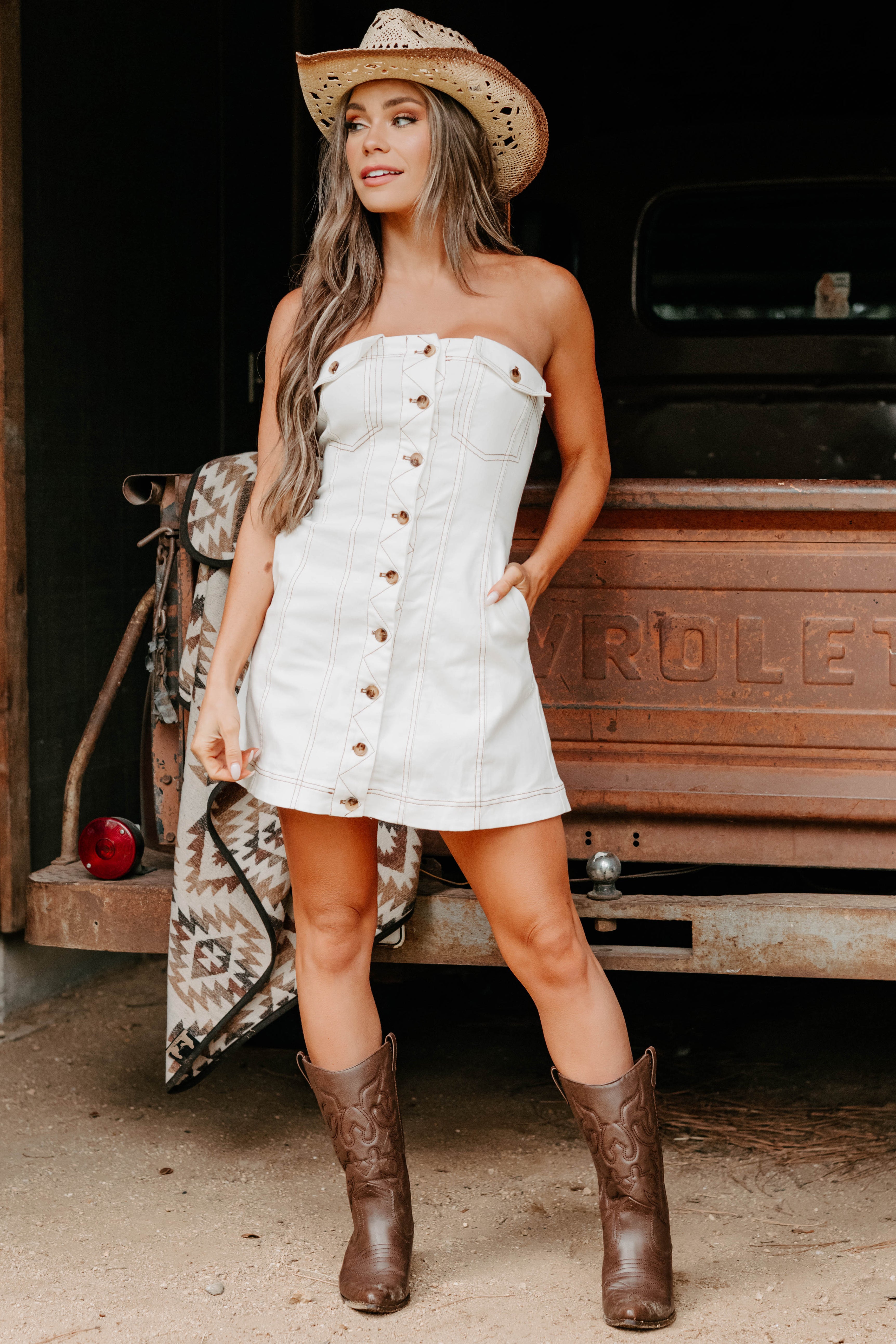 In Her Element Strapless Denim Mini Dress (White)-The Formal Wear