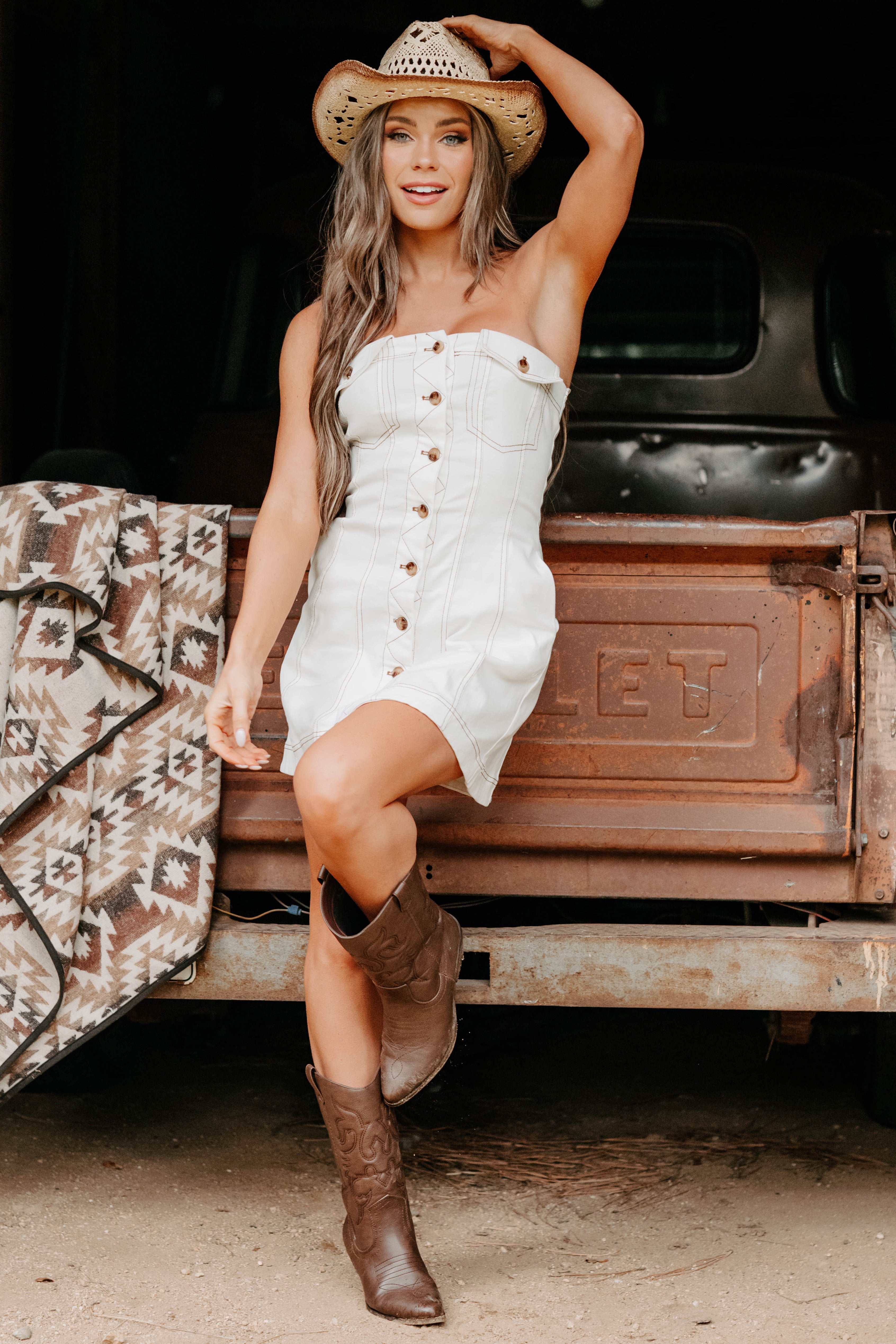 In Her Element Strapless Denim Mini Dress (White)-The Formal Wear