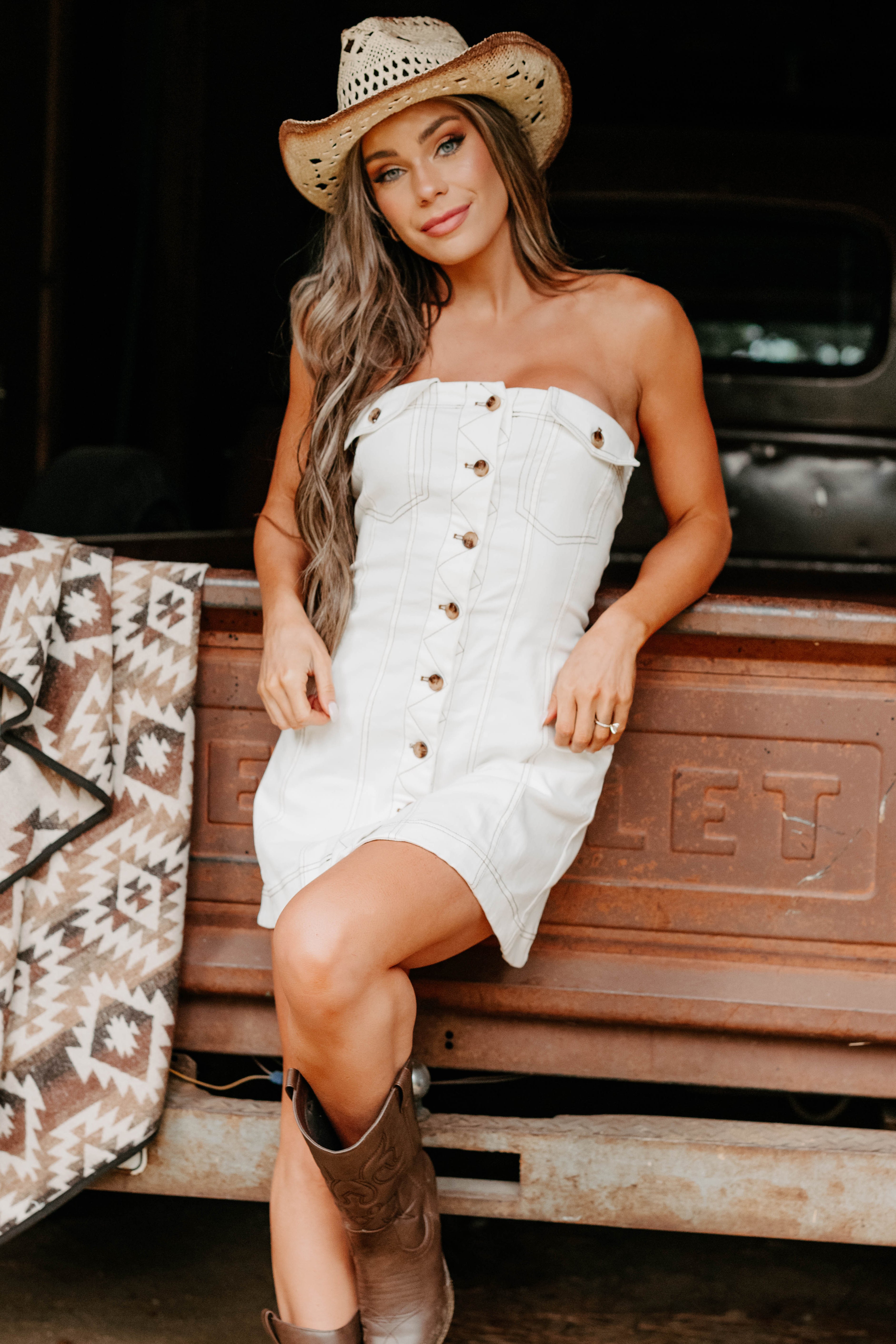 In Her Element Strapless Denim Mini Dress (White)-The Formal Wear