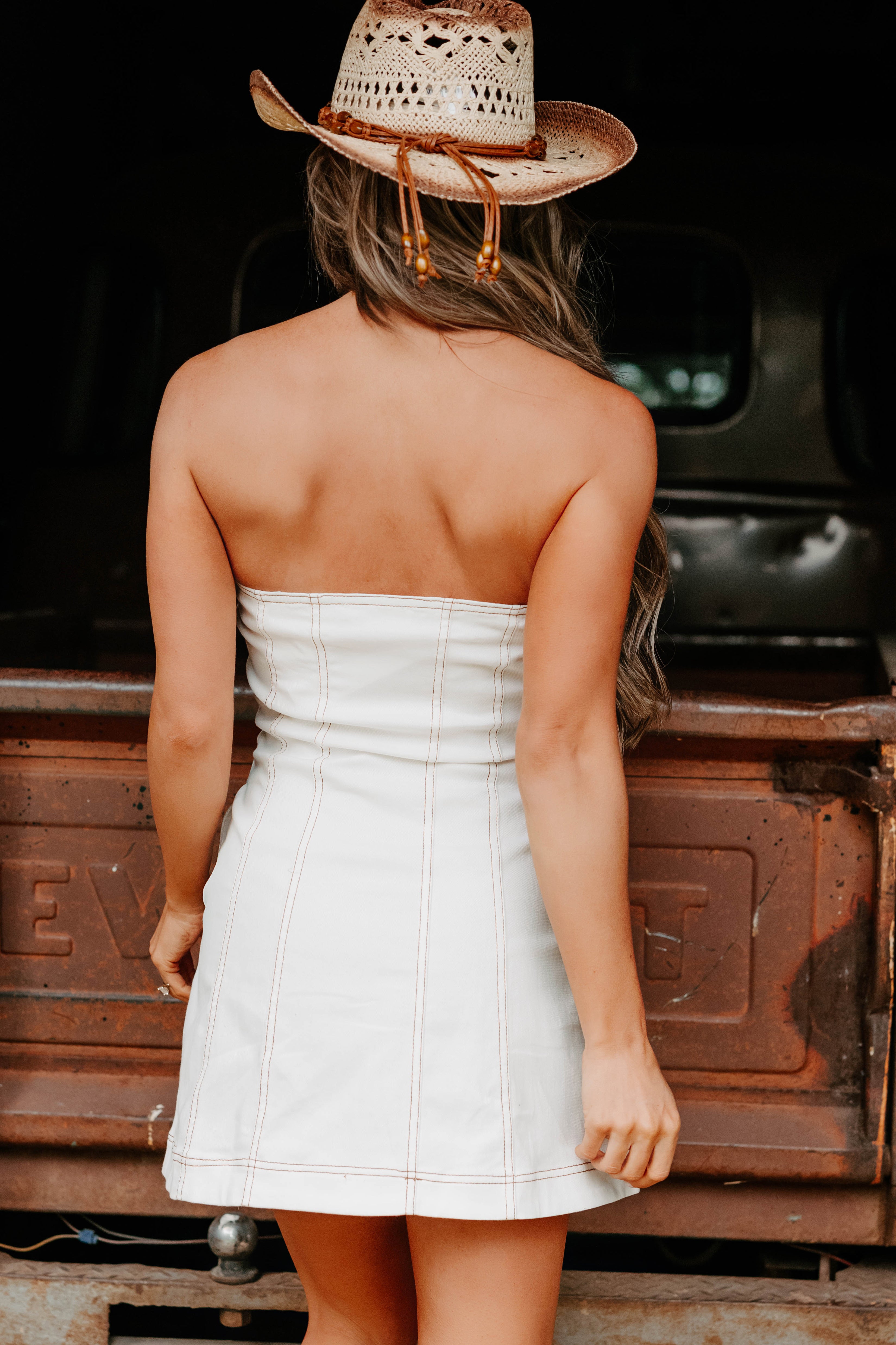 In Her Element Strapless Denim Mini Dress (White)-The Formal Wear