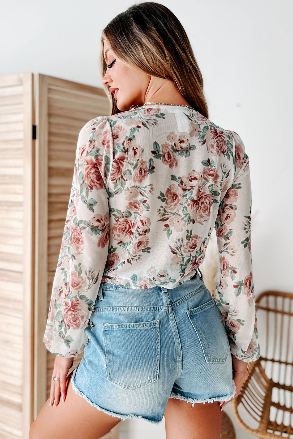 Gimmie That Floral Mesh Surplice Top (Cream Multi)-The Formal Wear