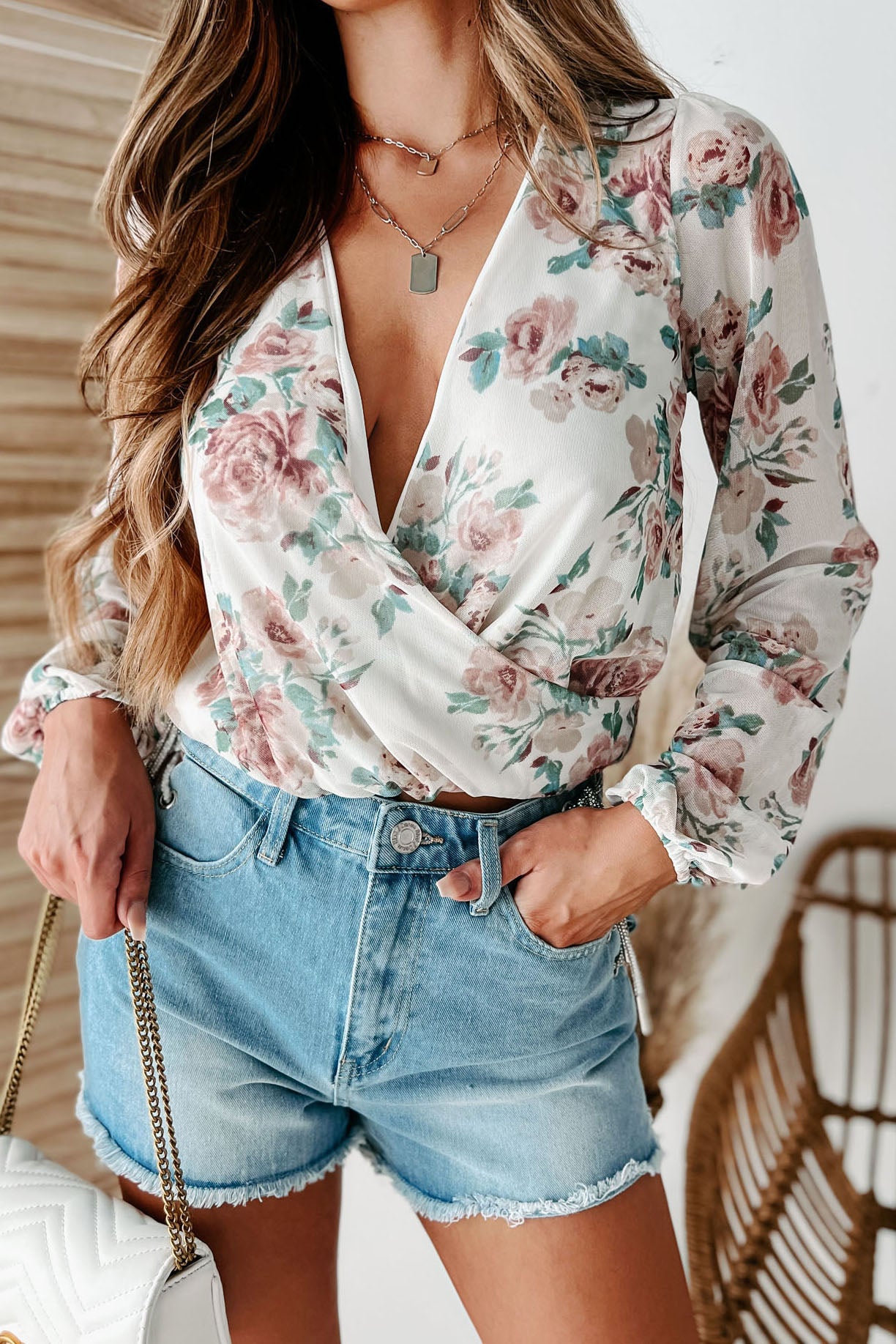Gimmie That Floral Mesh Surplice Top (Cream Multi)-The Formal Wear