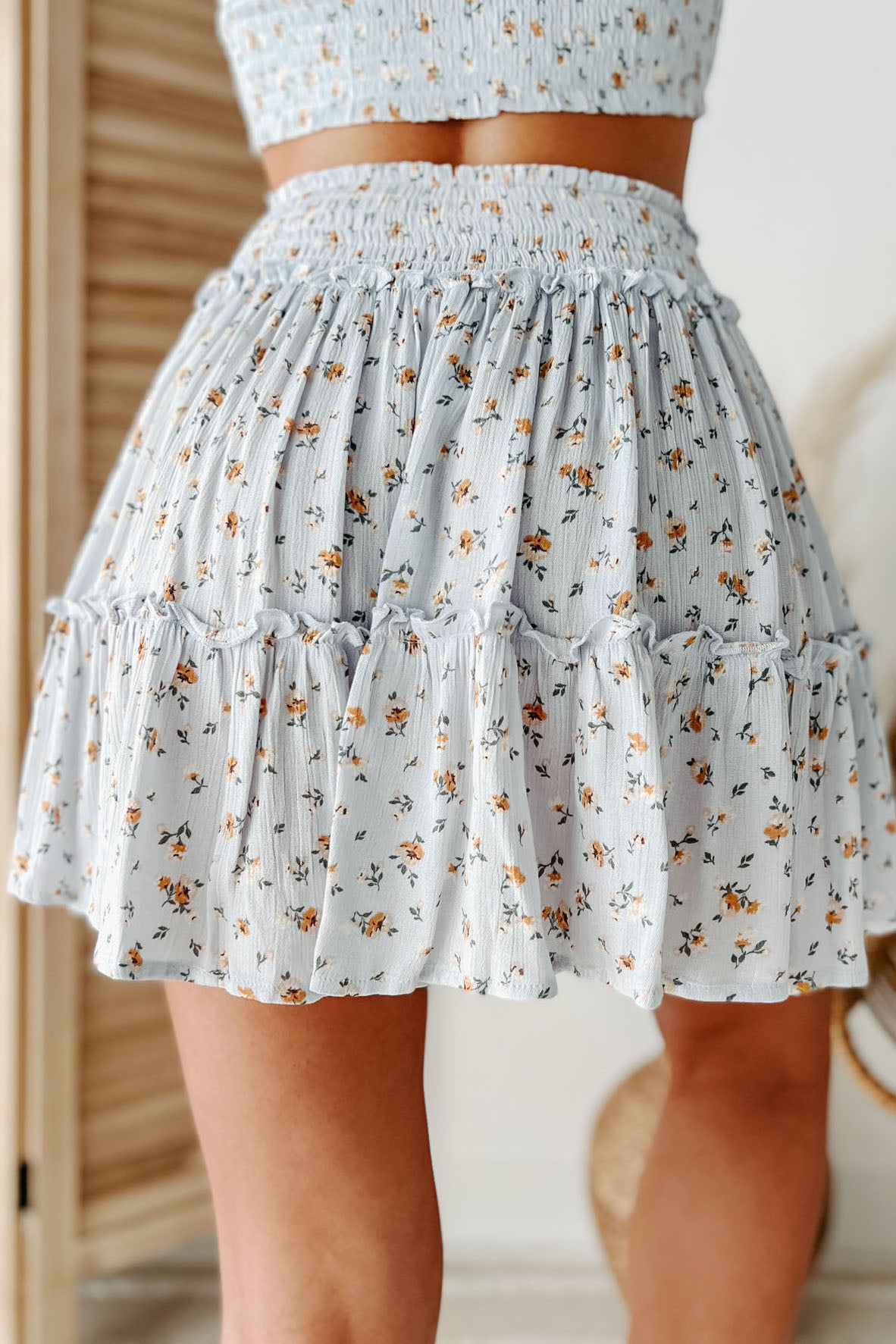 Total Cutie Floral Two-Piece Skirt Set (Light Blue)-The Formal Wear