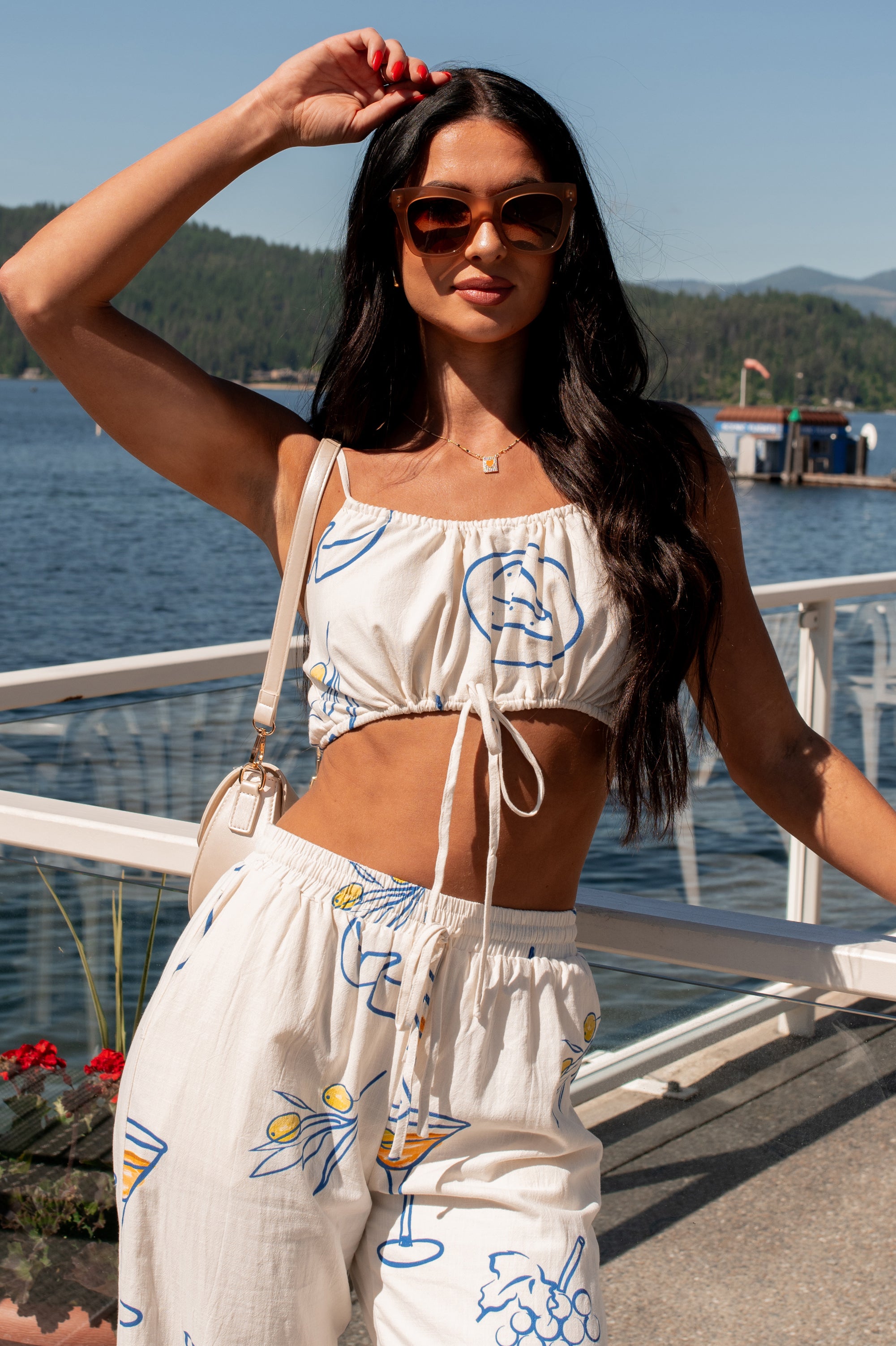 Drinks On The Patio Printed Drawstring Crop Top (Cream)-The Formal Wear