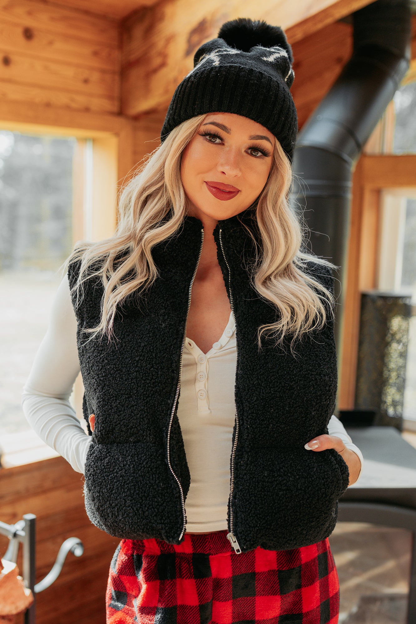 Drive All Night Sherpa Zip Up Puffer Vest (Black)-The Formal Wear