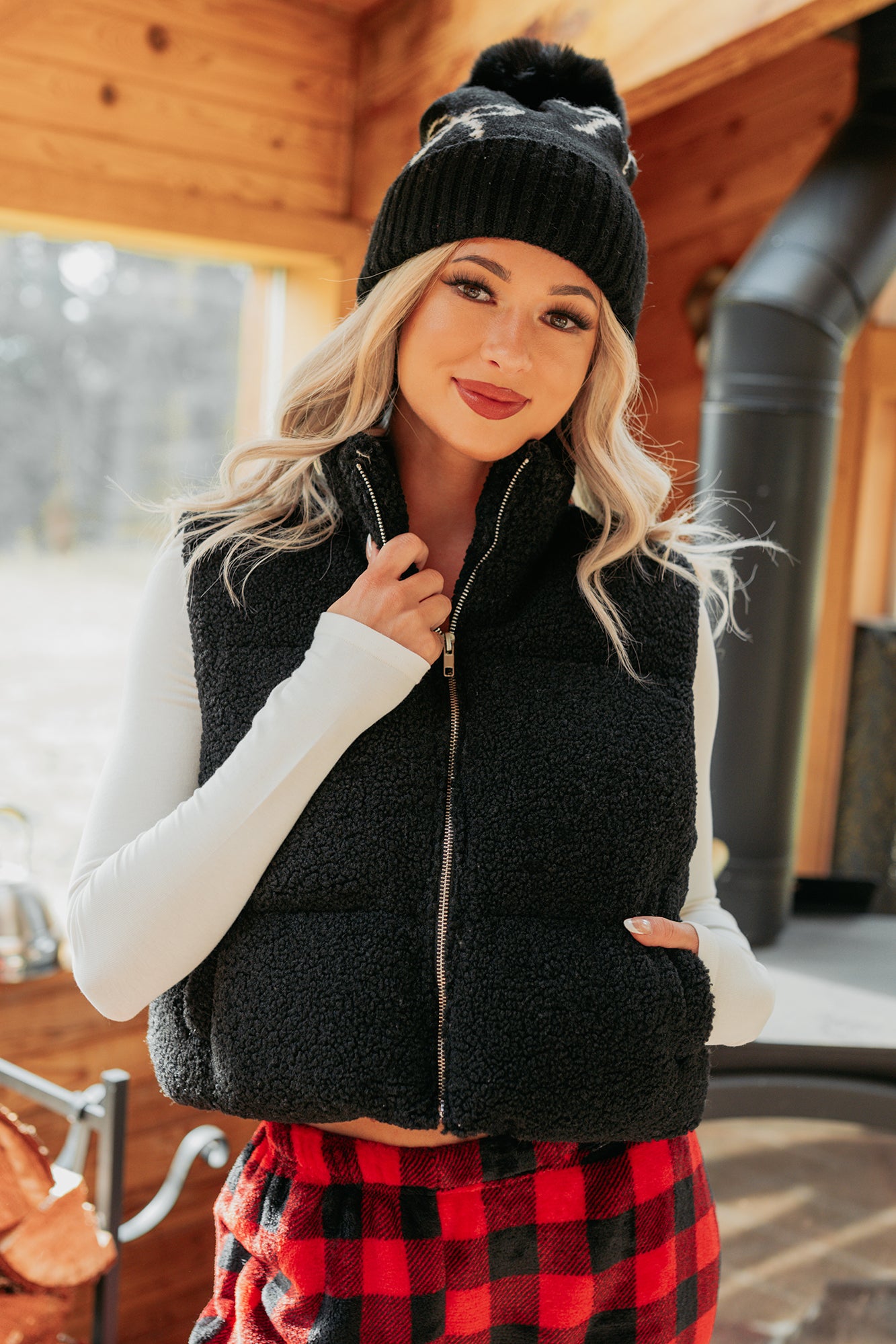 Drive All Night Sherpa Zip Up Puffer Vest (Black)-The Formal Wear