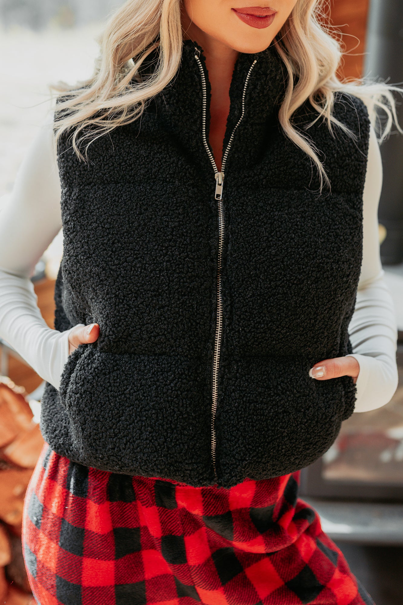 Drive All Night Sherpa Zip Up Puffer Vest (Black)-The Formal Wear