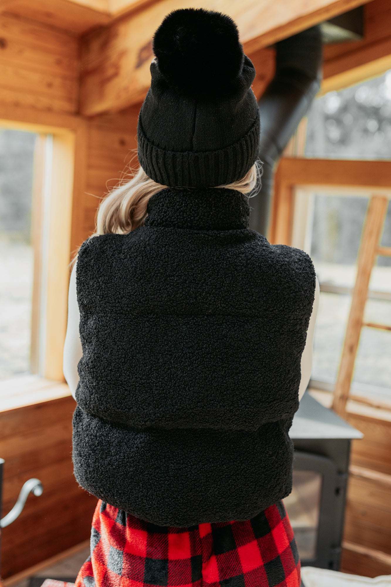 Drive All Night Sherpa Zip Up Puffer Vest (Black)-The Formal Wear