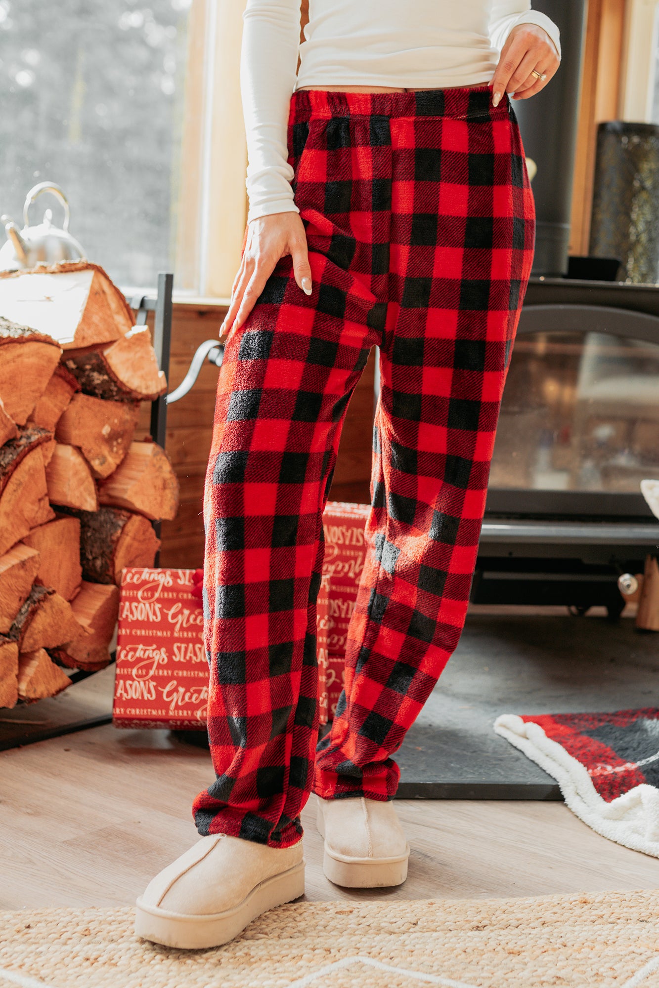 Pure Ease Buffalo Plaid Fleece Pajama Pants (Red/Black)-The Formal Wear