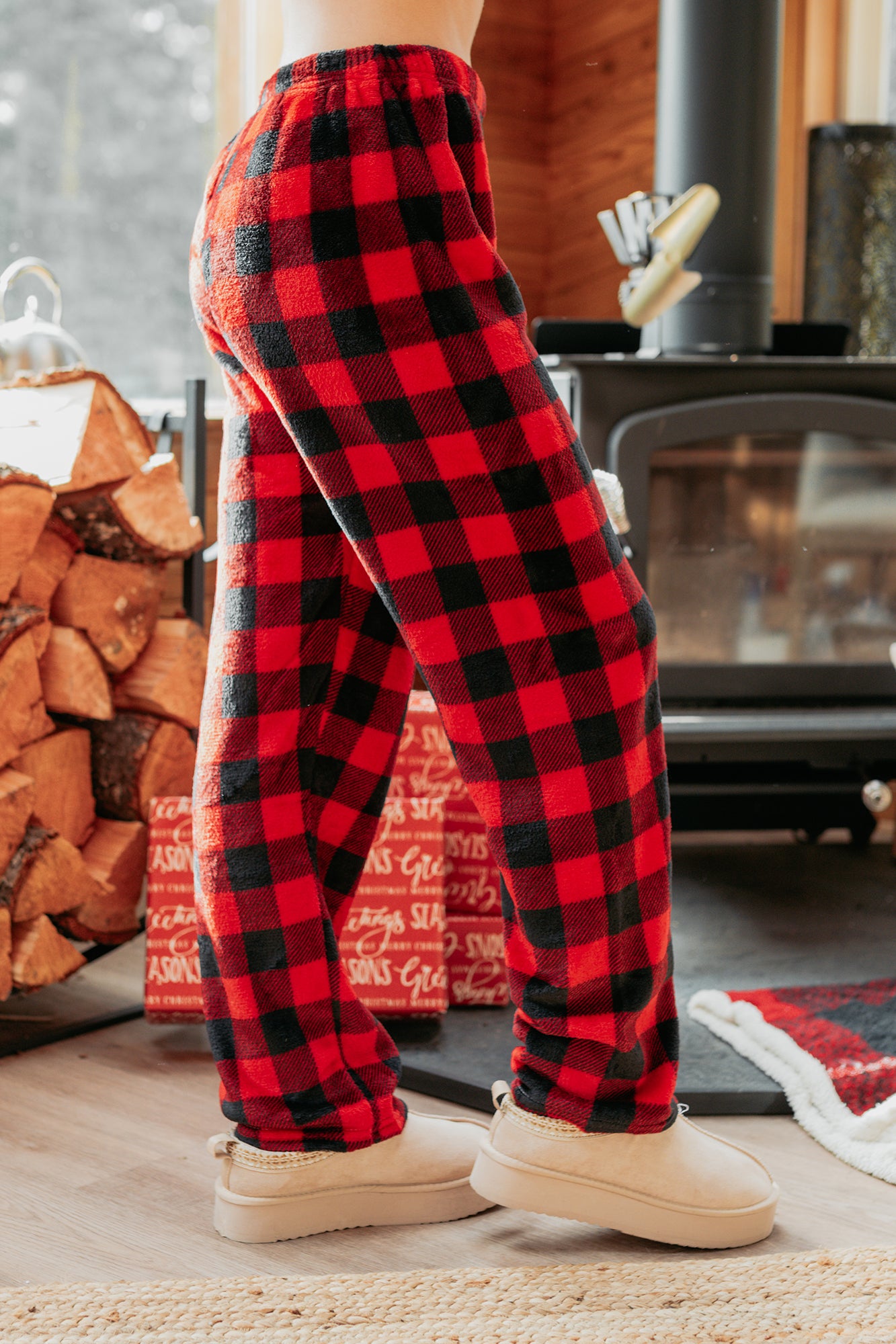 Pure Ease Buffalo Plaid Fleece Pajama Pants (Red/Black)-The Formal Wear