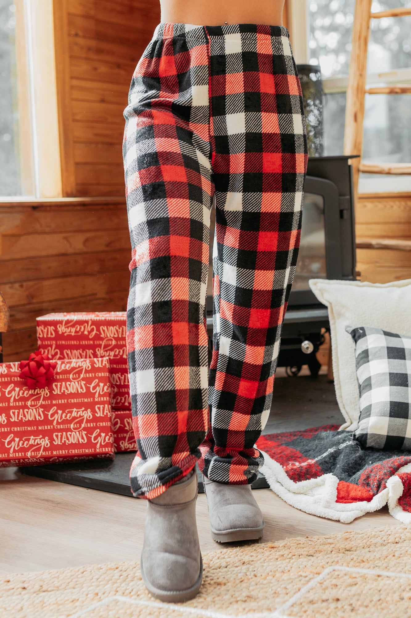 Pure Ease Buffalo Plaid Fleece Pajama Pants (Red/White)-The Formal Wear