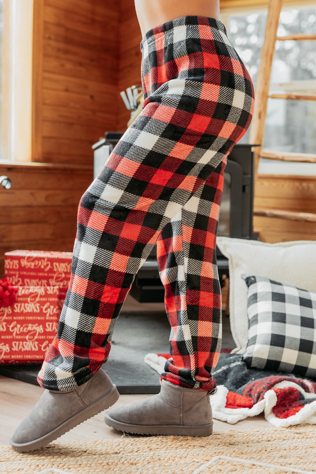 Pure Ease Buffalo Plaid Fleece Pajama Pants (Red/White)-The Formal Wear