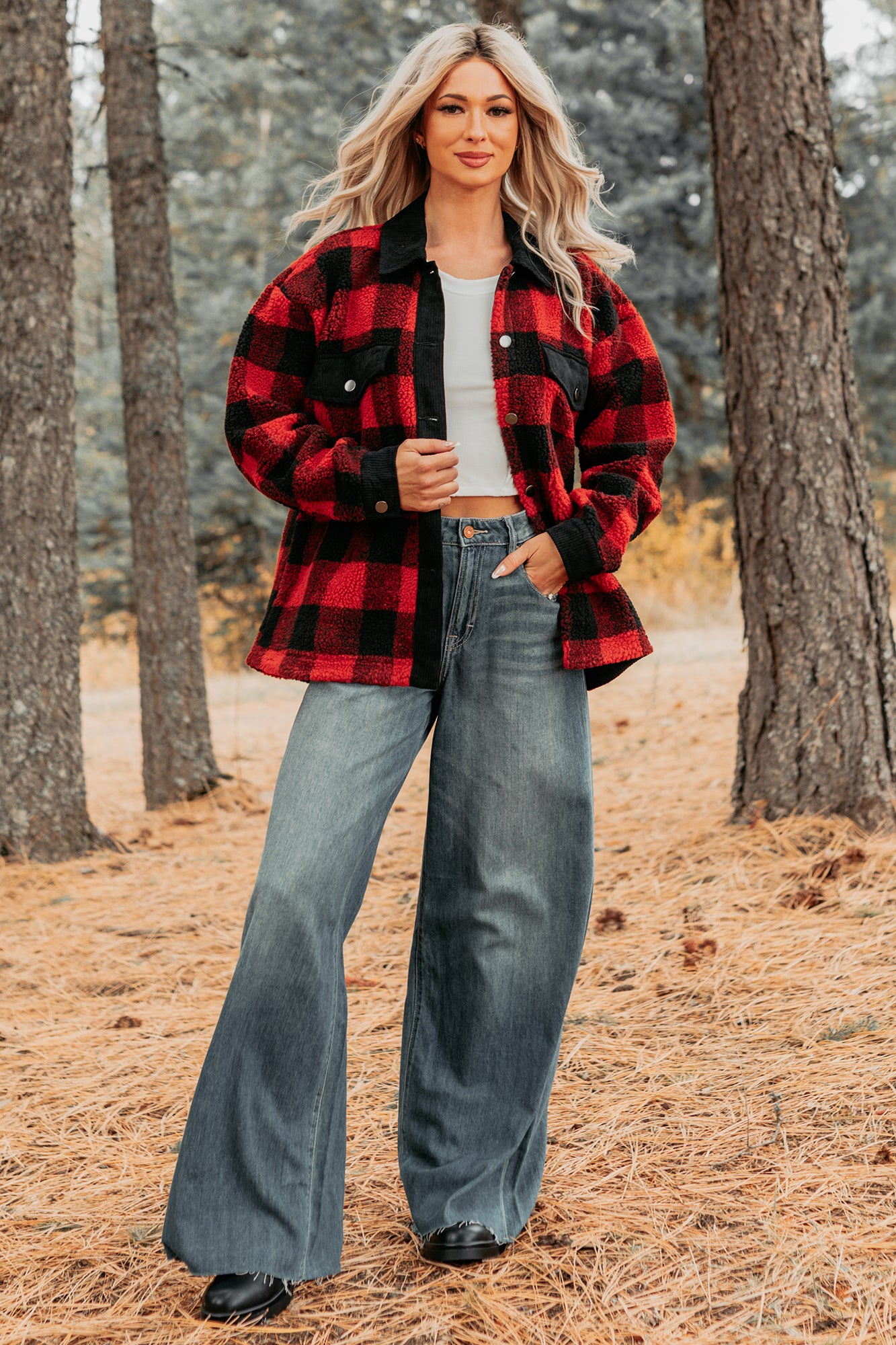 Holiday Hideaway Plaid Button-Up Sherpa Jacket (Red)-The Formal Wear