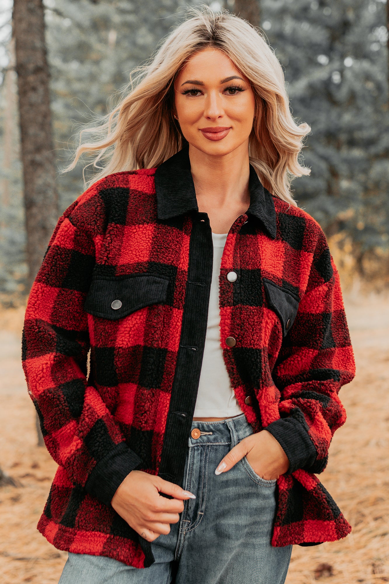 Holiday Hideaway Plaid Button-Up Sherpa Jacket (Red)-The Formal Wear