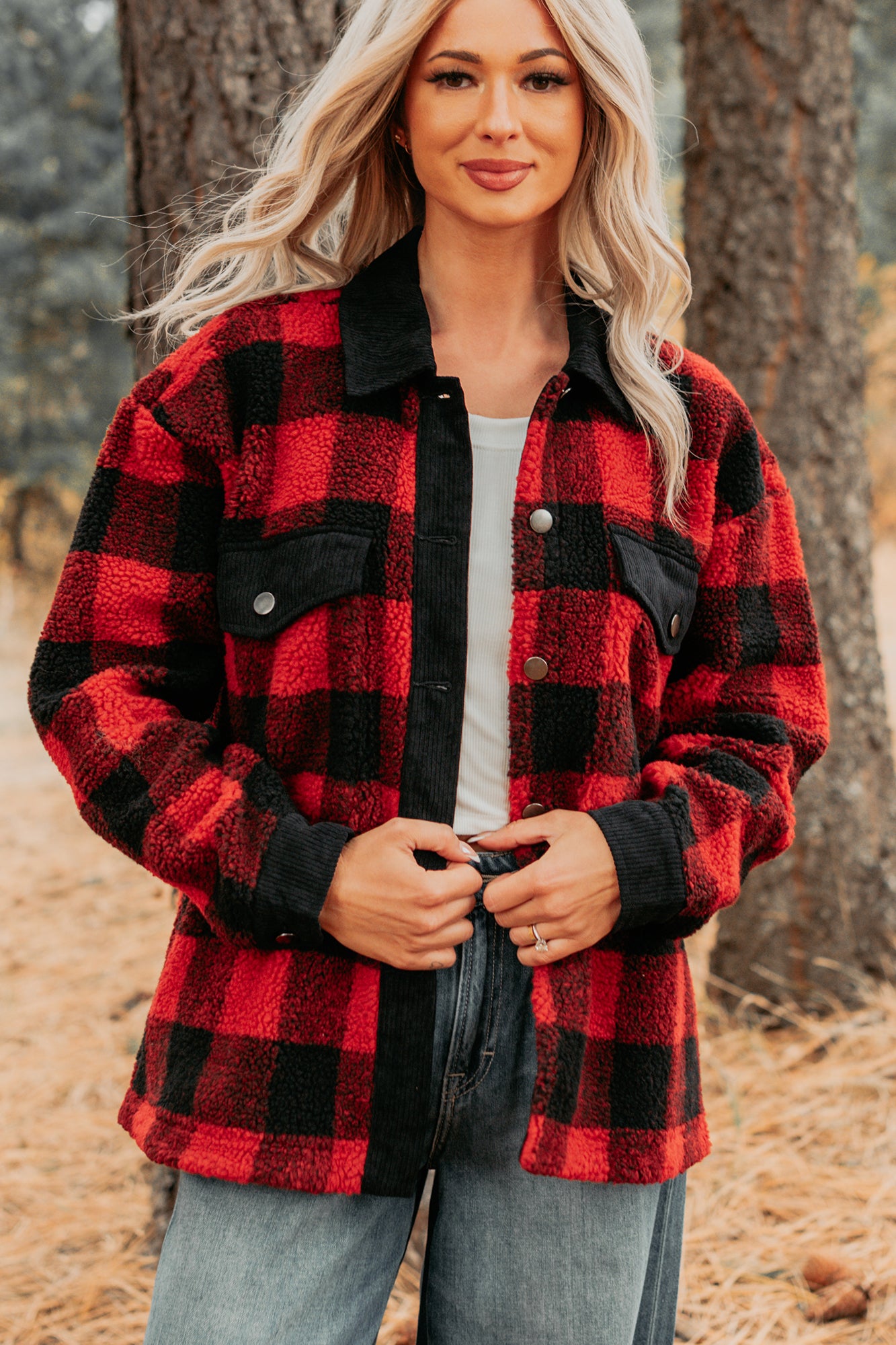 Holiday Hideaway Plaid Button-Up Sherpa Jacket (Red)-The Formal Wear